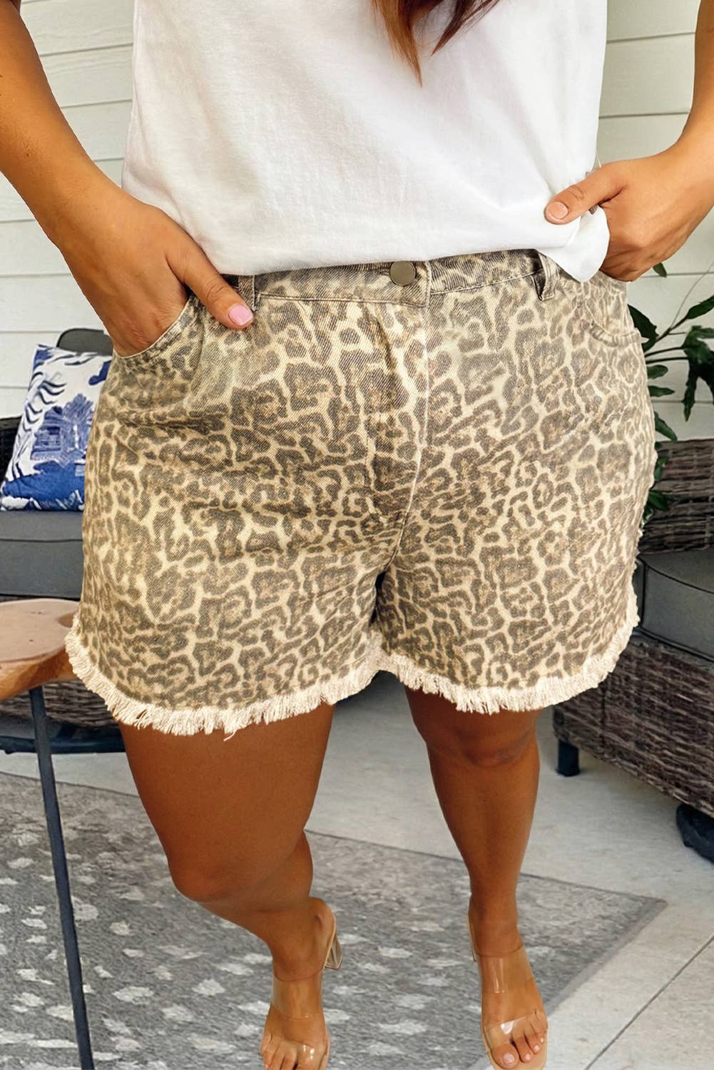Raw Edge Leopard Print Denim Shorts
