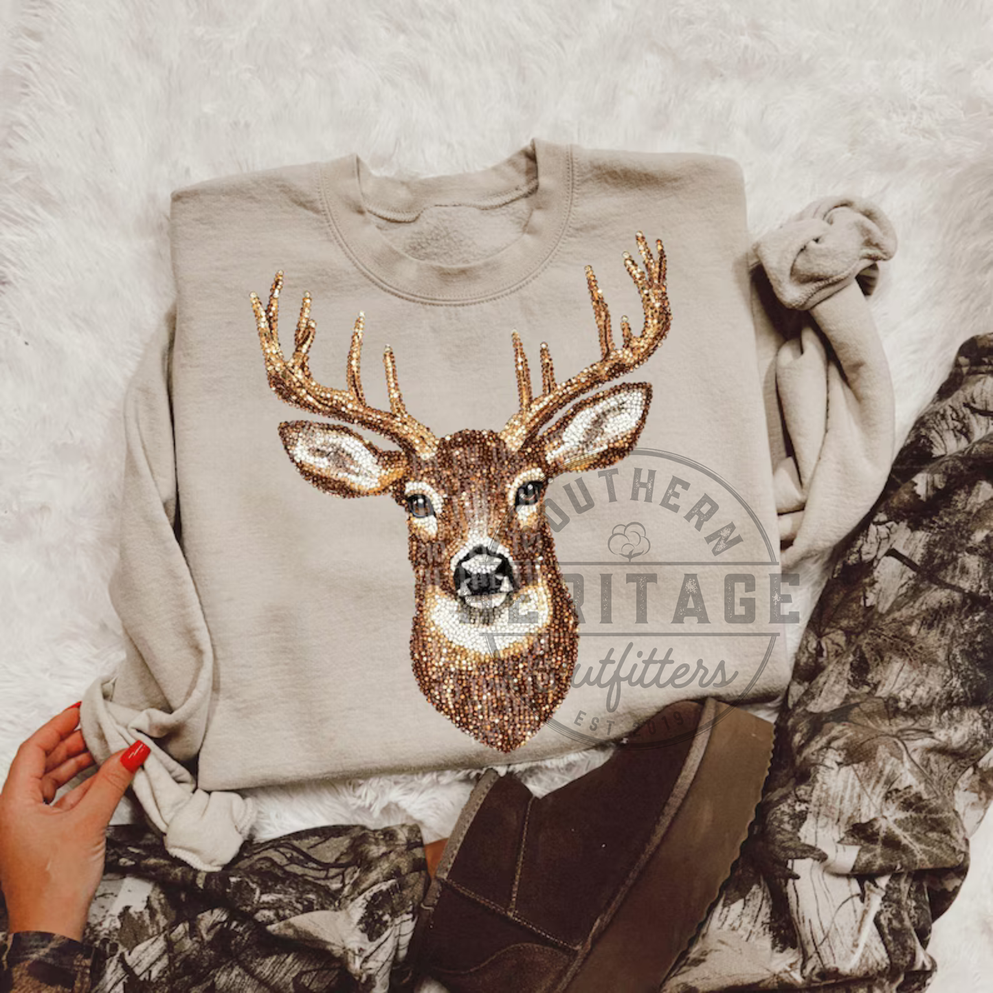 Faux Rhinestone Buck Crewneck β Gildan