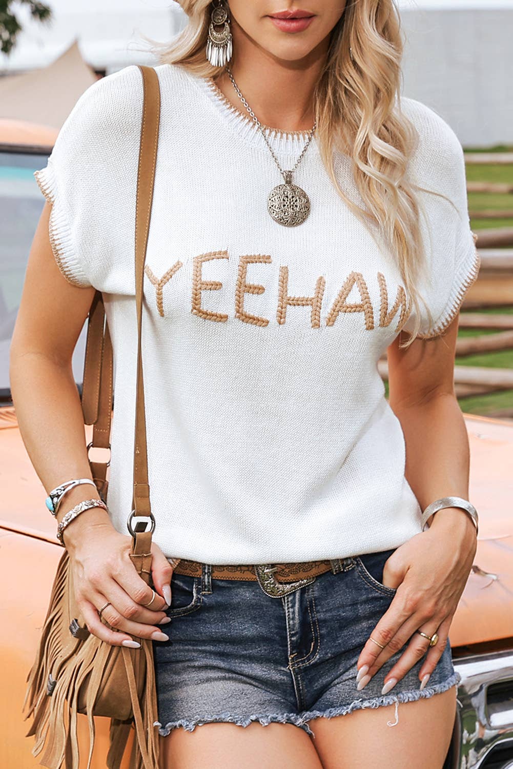 Fashion-W Knitted YEEHAW Stitch Edge Sweater T Shirt