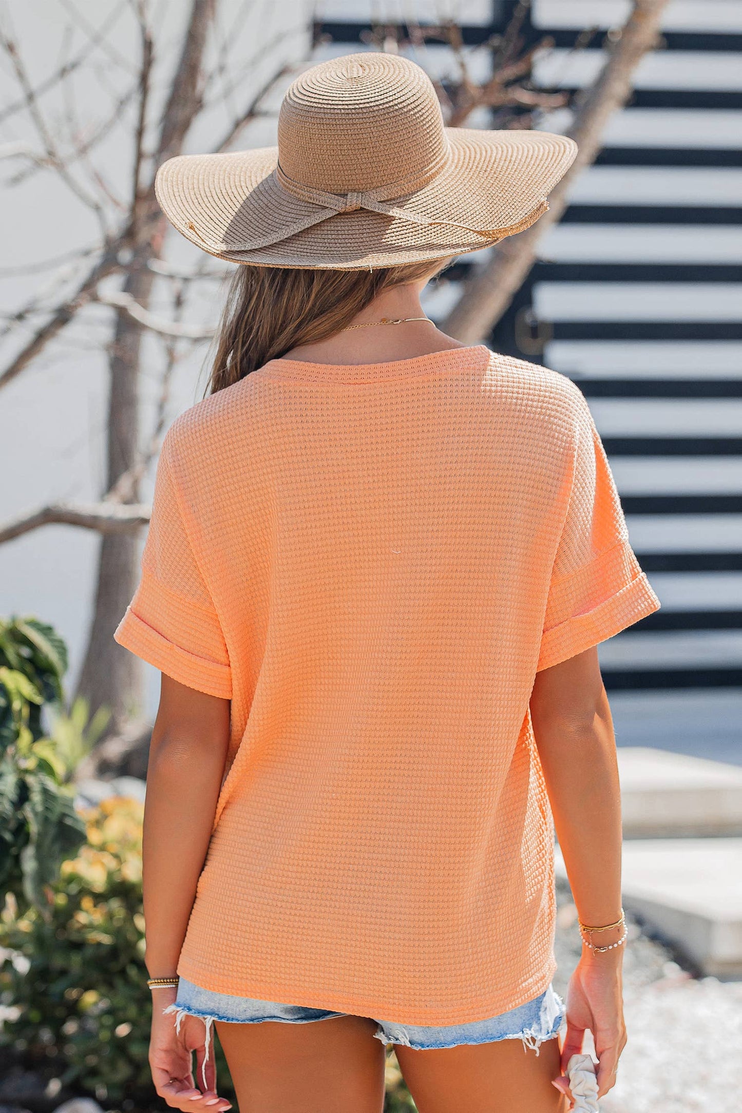 Waffle V Neck Short Sleeve Knit Top