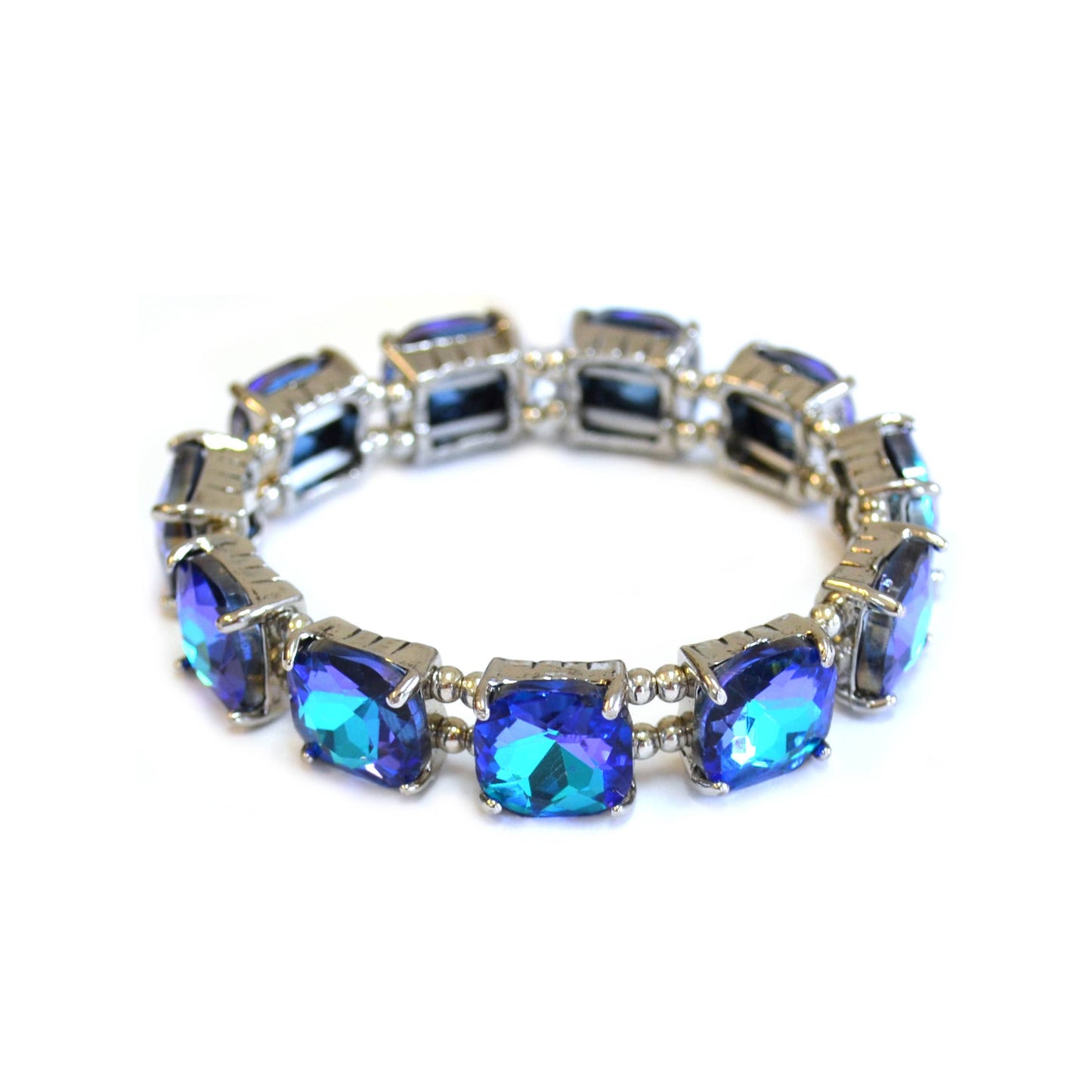 Cushion Cut Glass Crystal Linked Stretch Bracelet