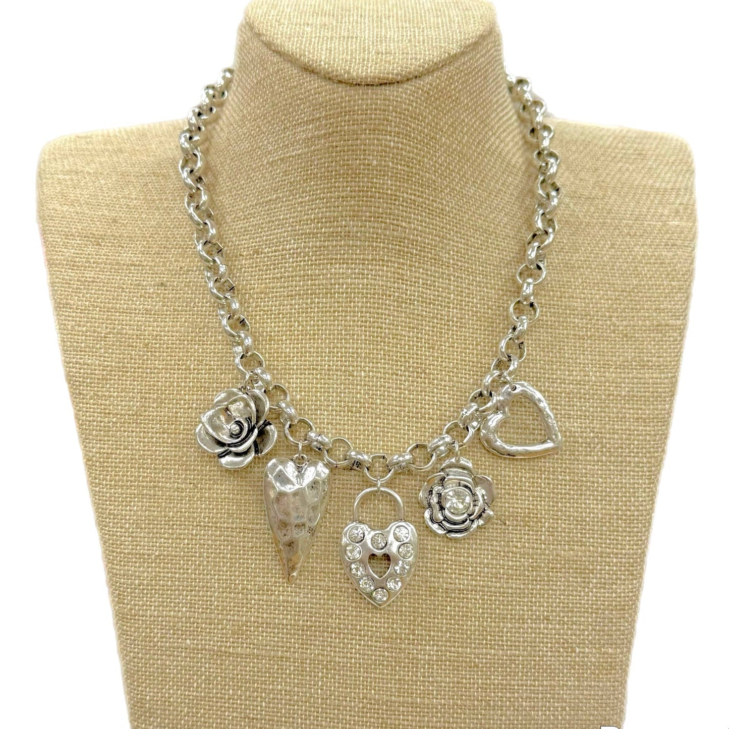 Silver Multi Heart/Flower Charms on Rollo Chain Necklace