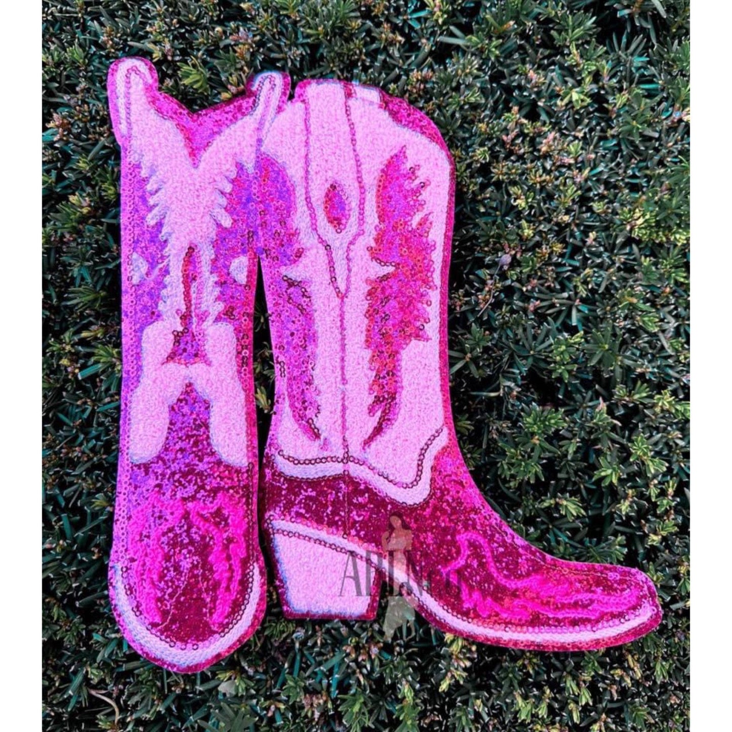 Preppy Pink Cowgirl Boots Glitter & Chenille Patch
