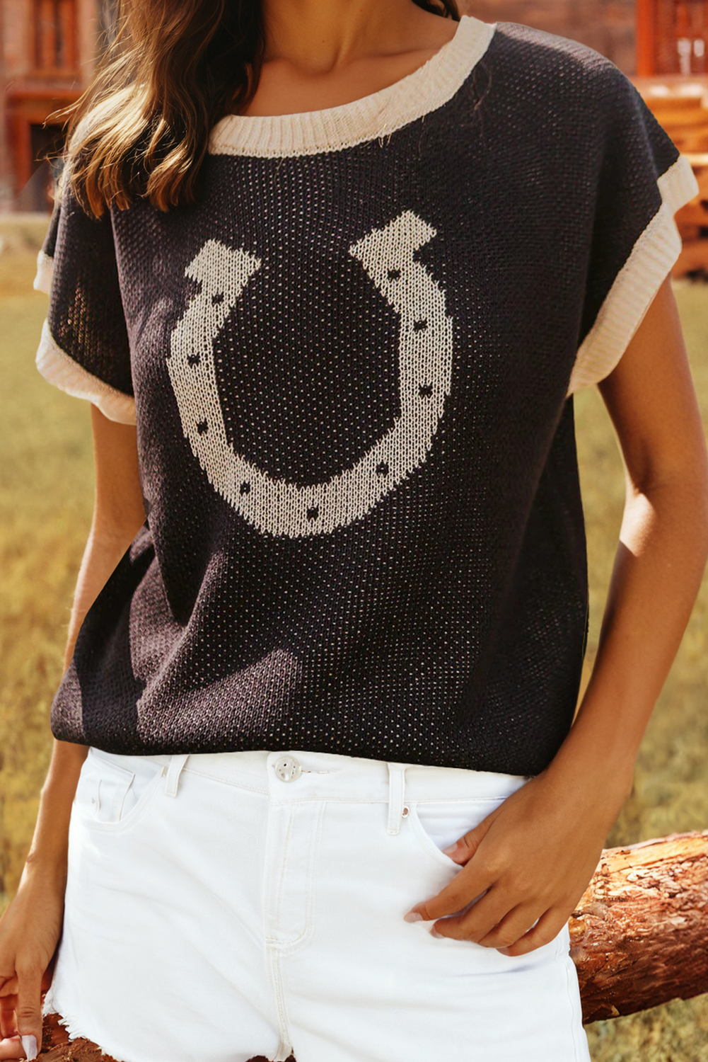 Western Horse Shoe Contrast Trim Short Sleeve Sweater