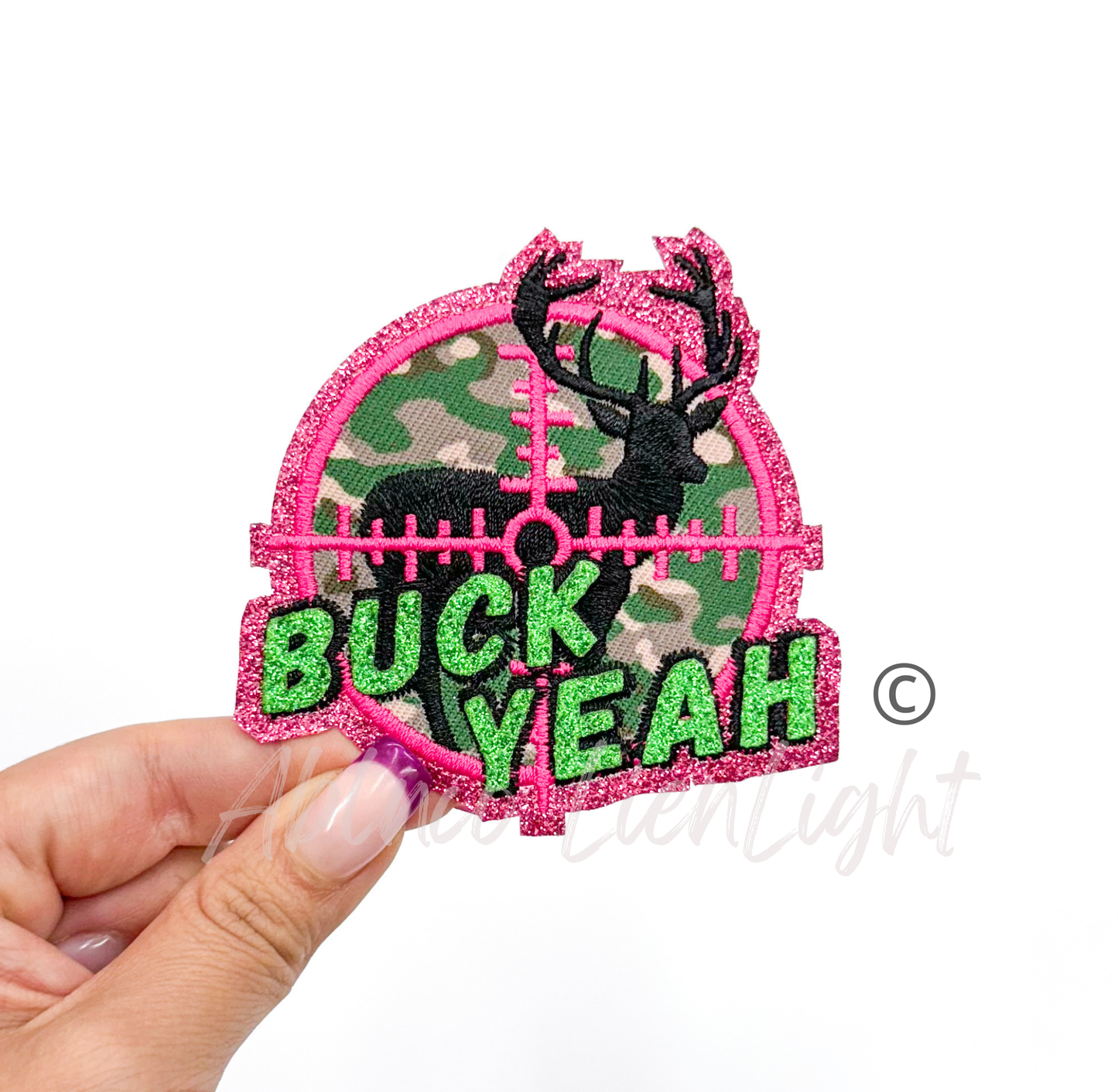 Buck Yeah hunting camo pink glitter embroidery patch iron on