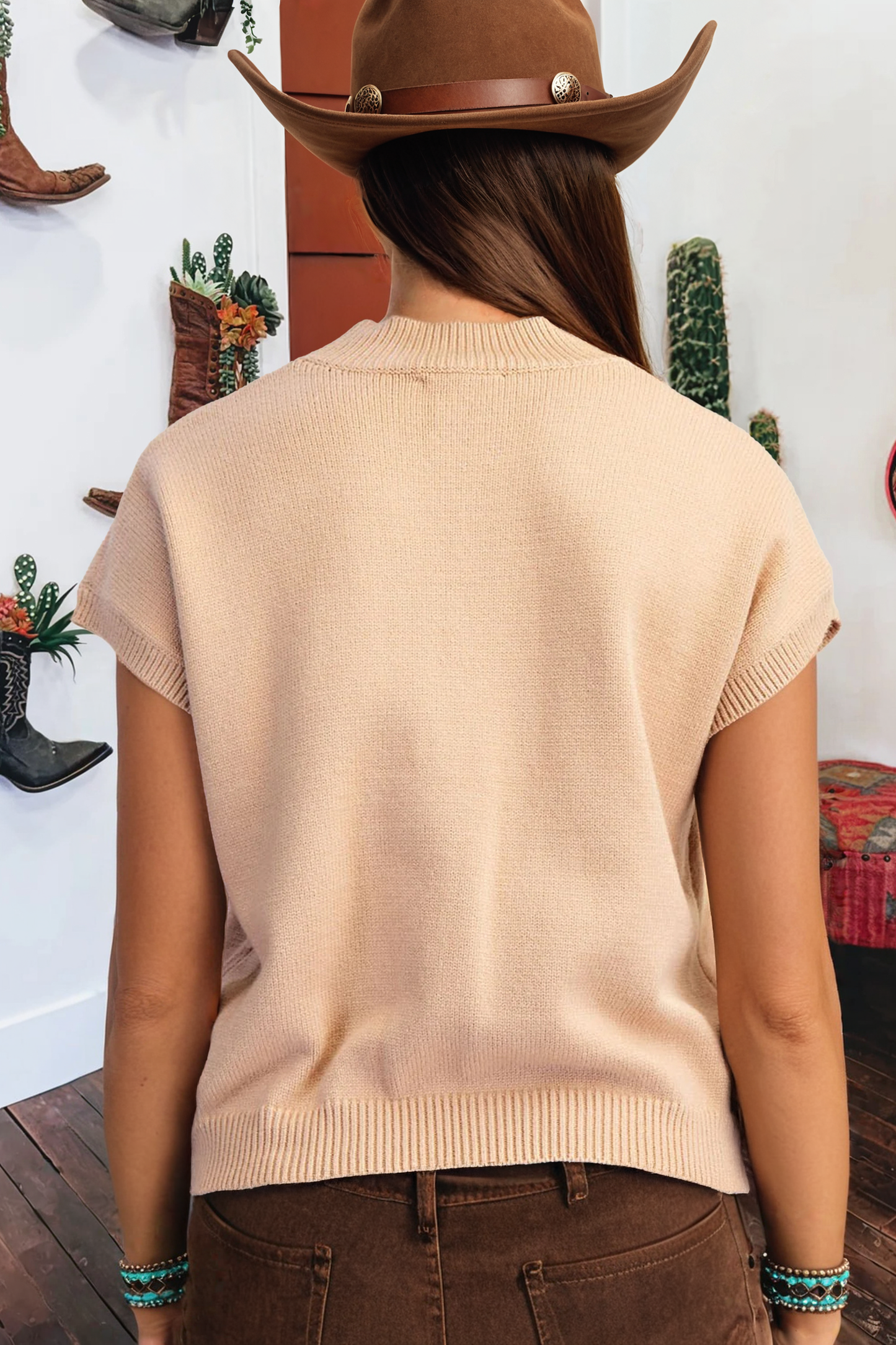 Spring Western Print Mock Neck Short Sleeve Knit Sweater