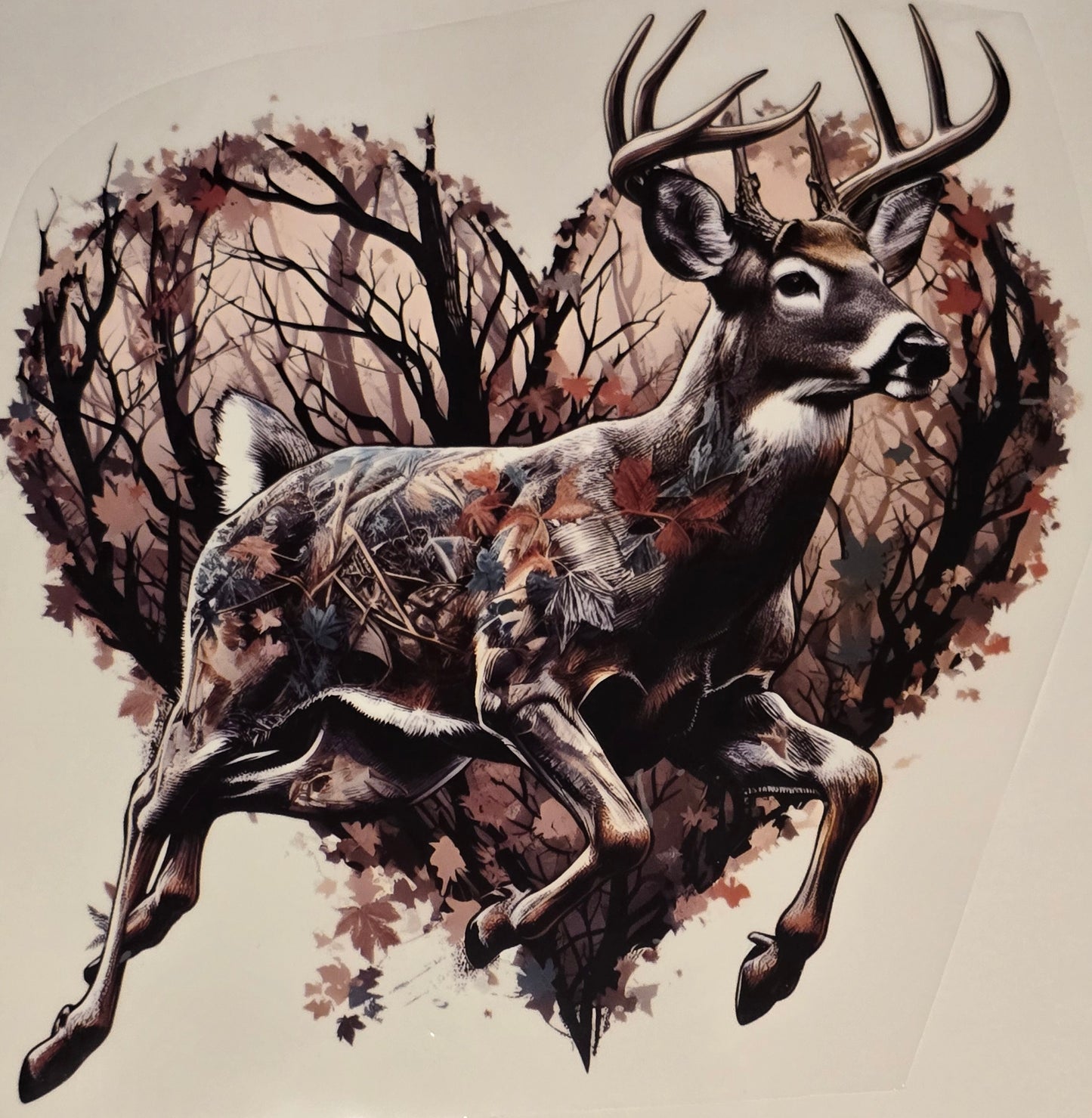 DTF Deer Hunt - Running Buck with heart wooded pattern