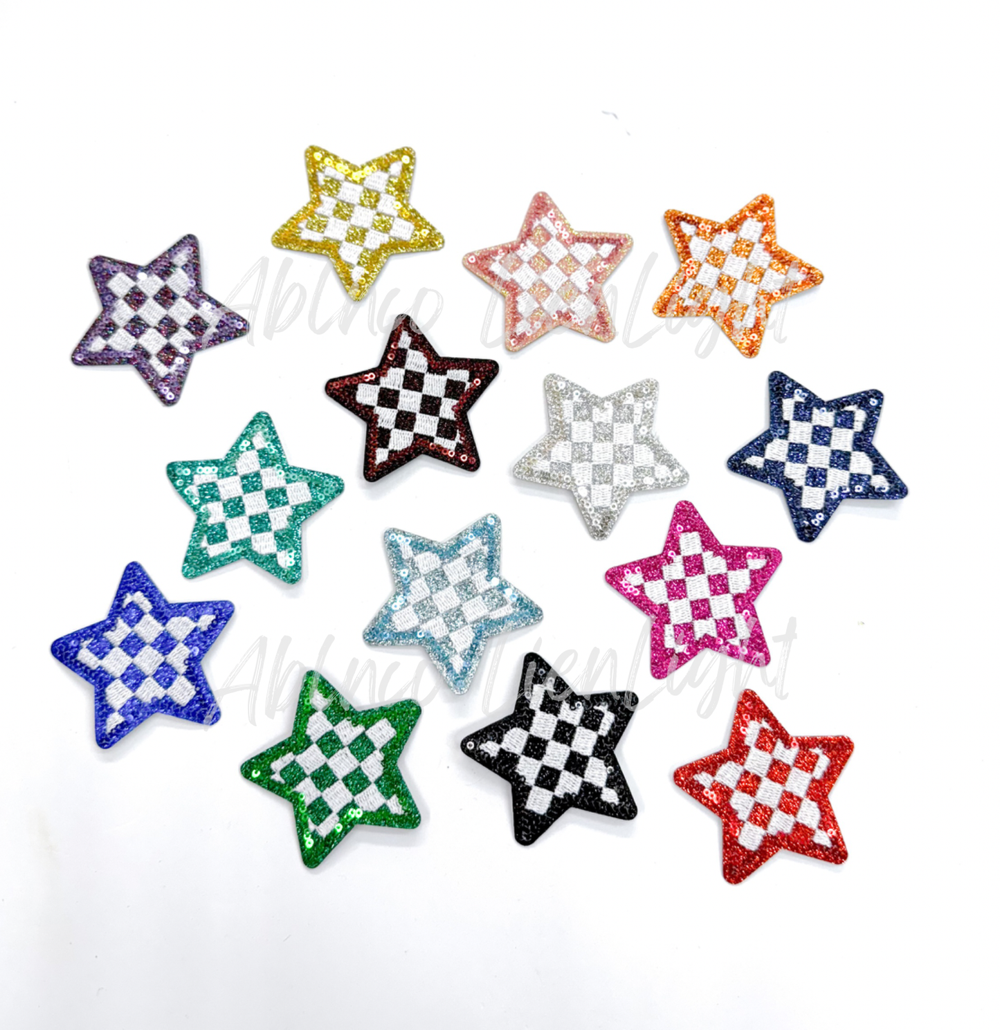 Royal blue checkered star embroidery glitter sequin patch