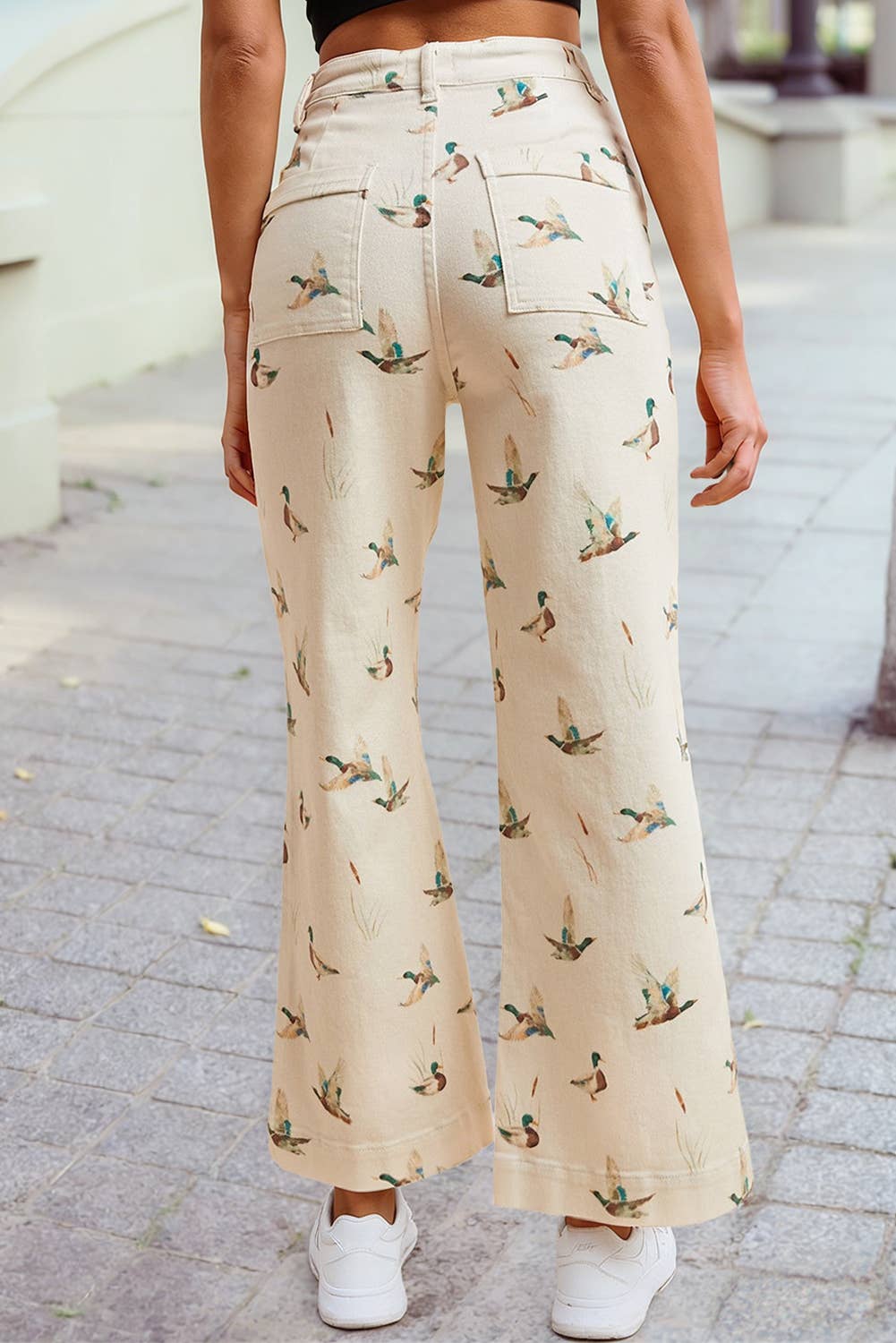 Mallard Duck Print Denim Wide Leg Pants