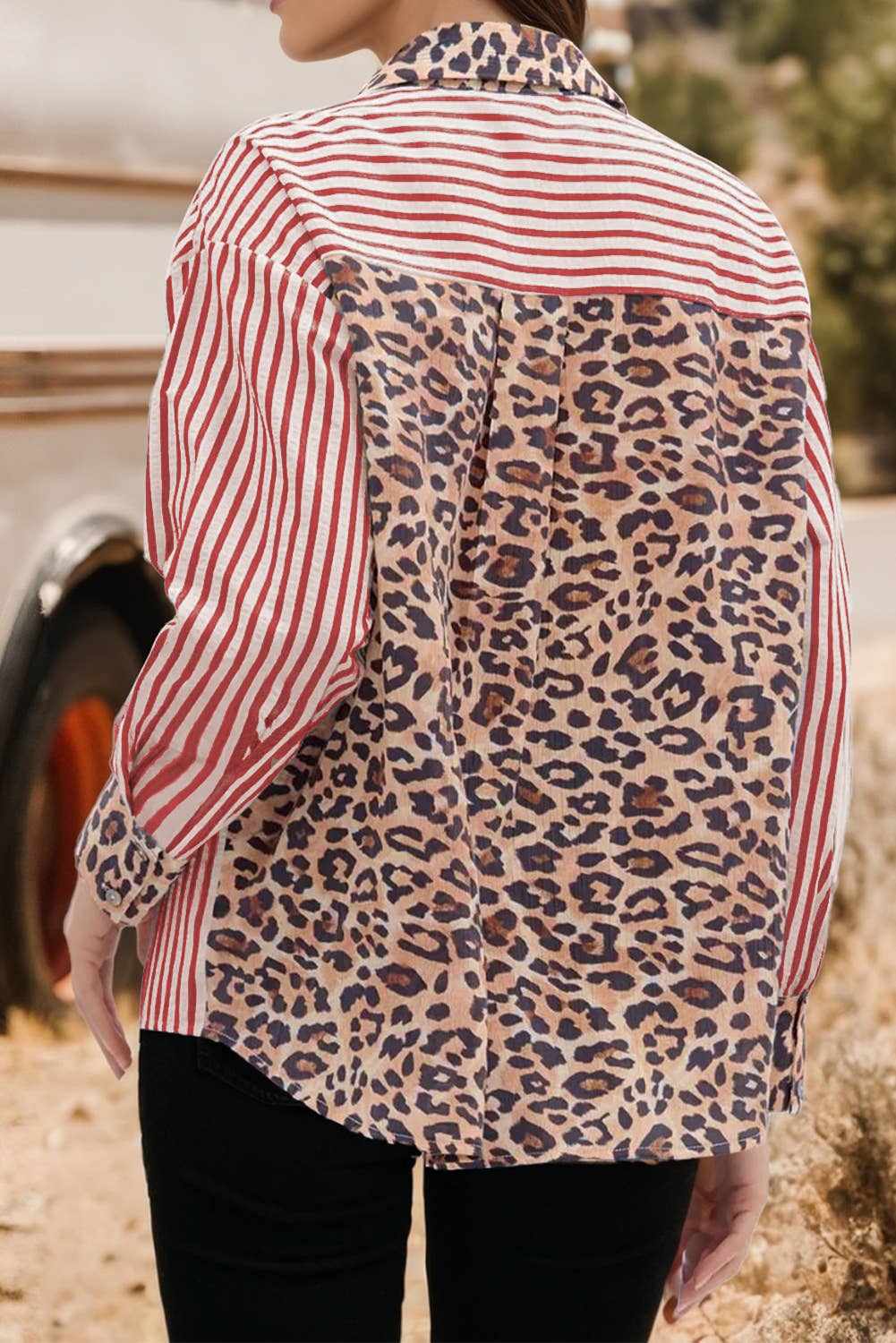Western Wildly Chic Contrast Leopard Button Up Blouse