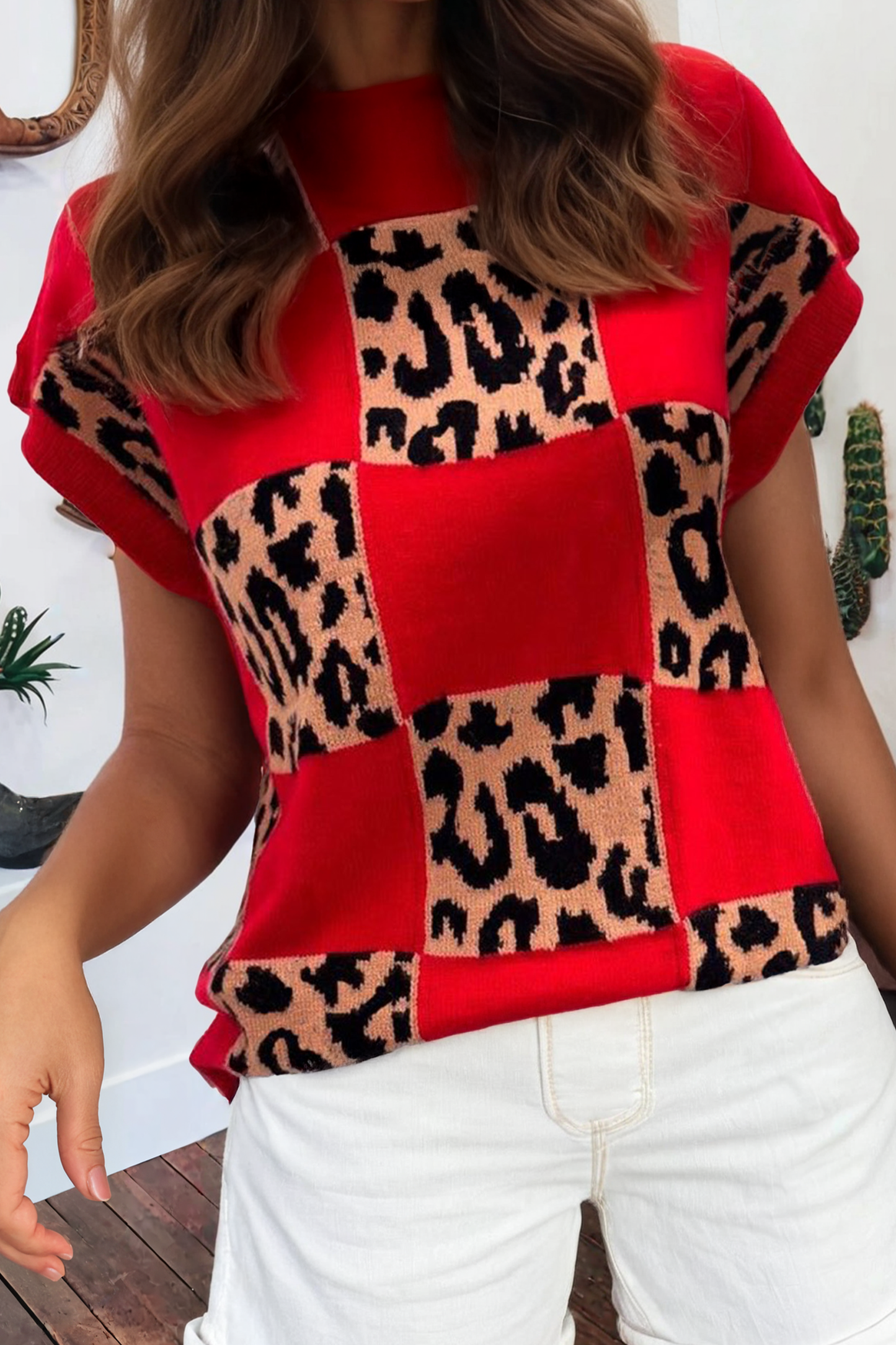 Leopard Contrast Checkerboard Short Sleeve Knit Sweater
