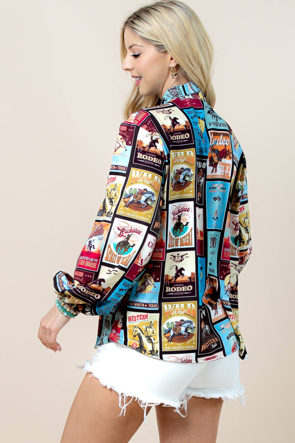 T1629-6433A-Sadia  Rodeo Stamp Print Graphic Blouse