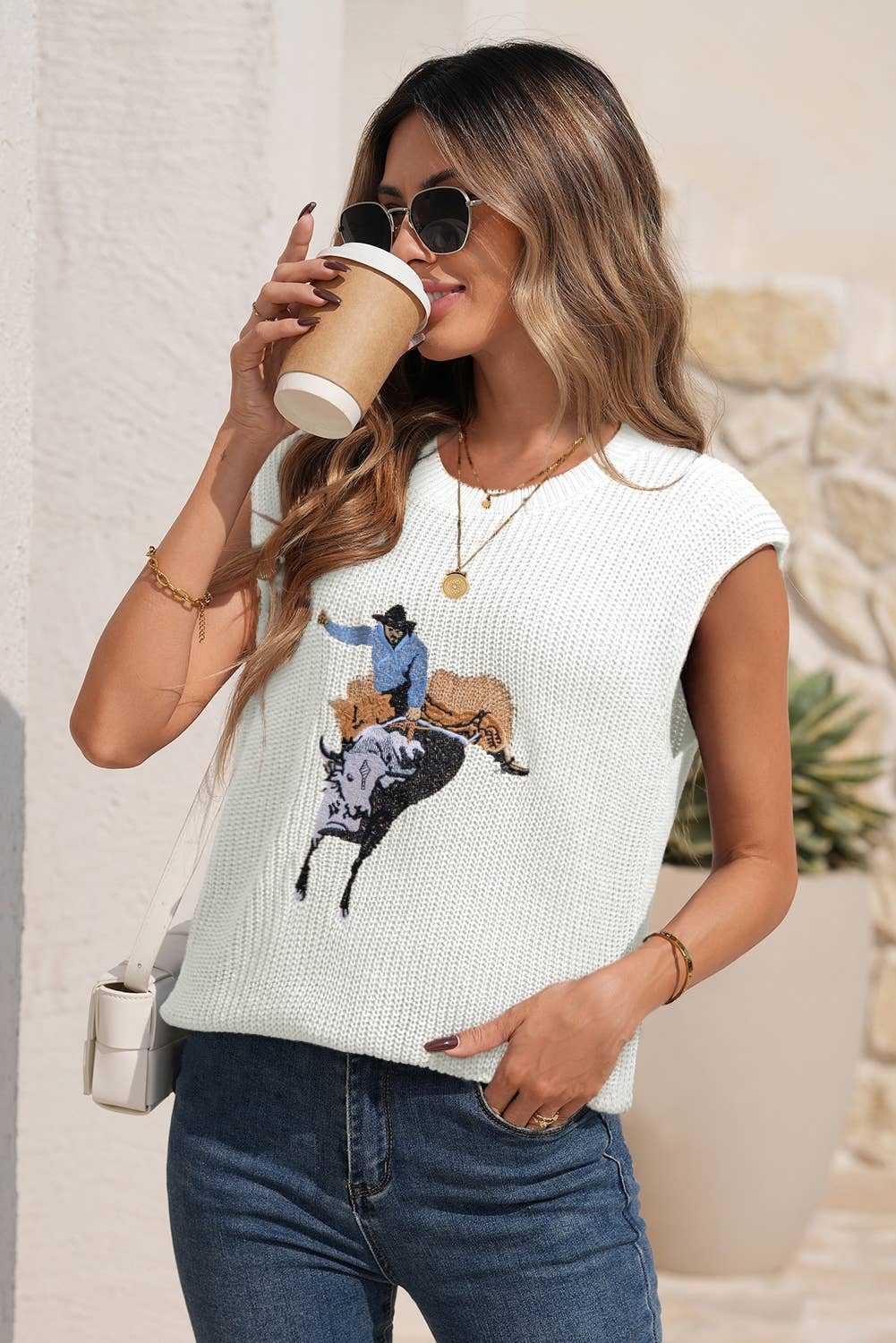 LDC Western Cowboy Embroidery Round Neck Sleeveless Sweater
