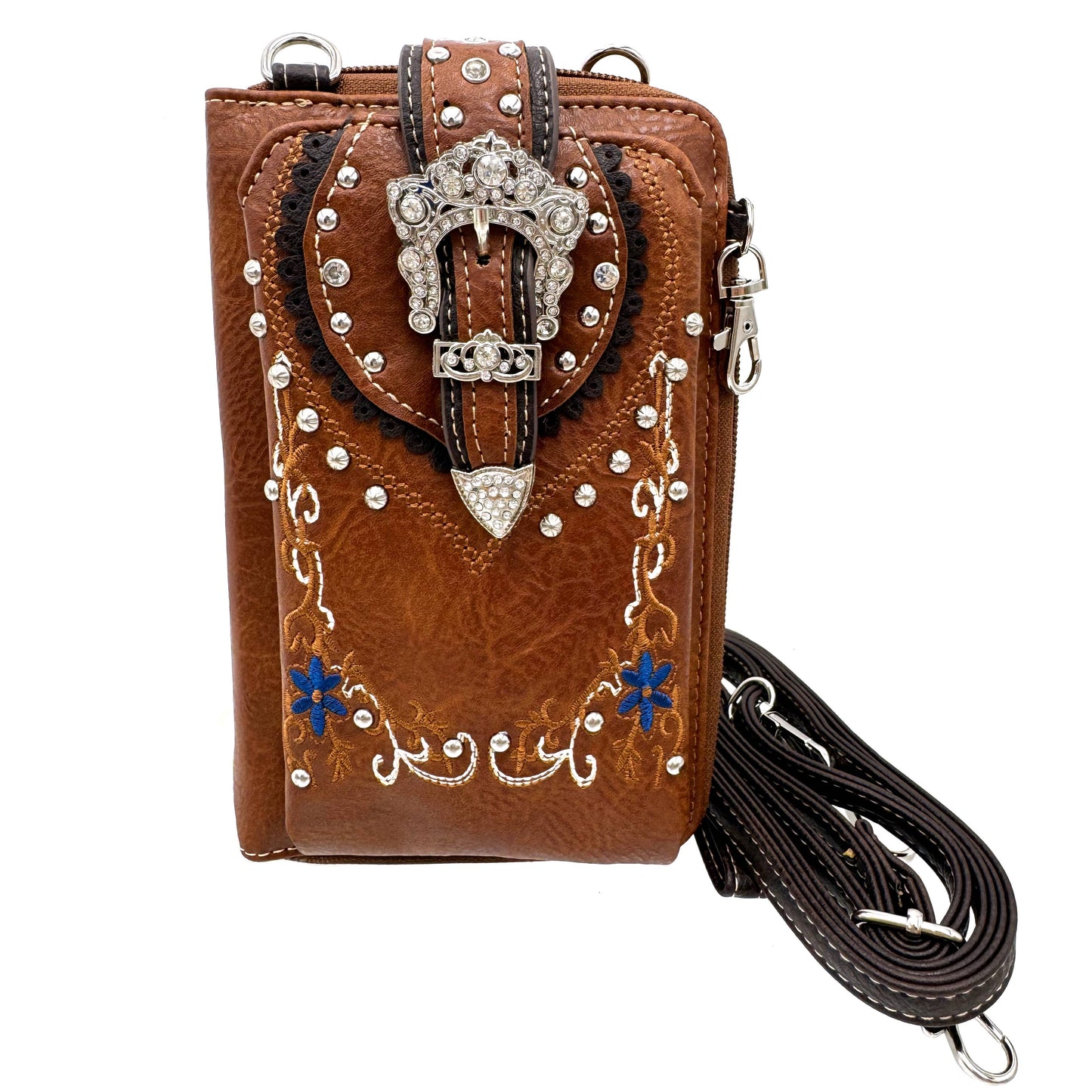Crown Buckle Western Embroidered Floral Phone Wallet