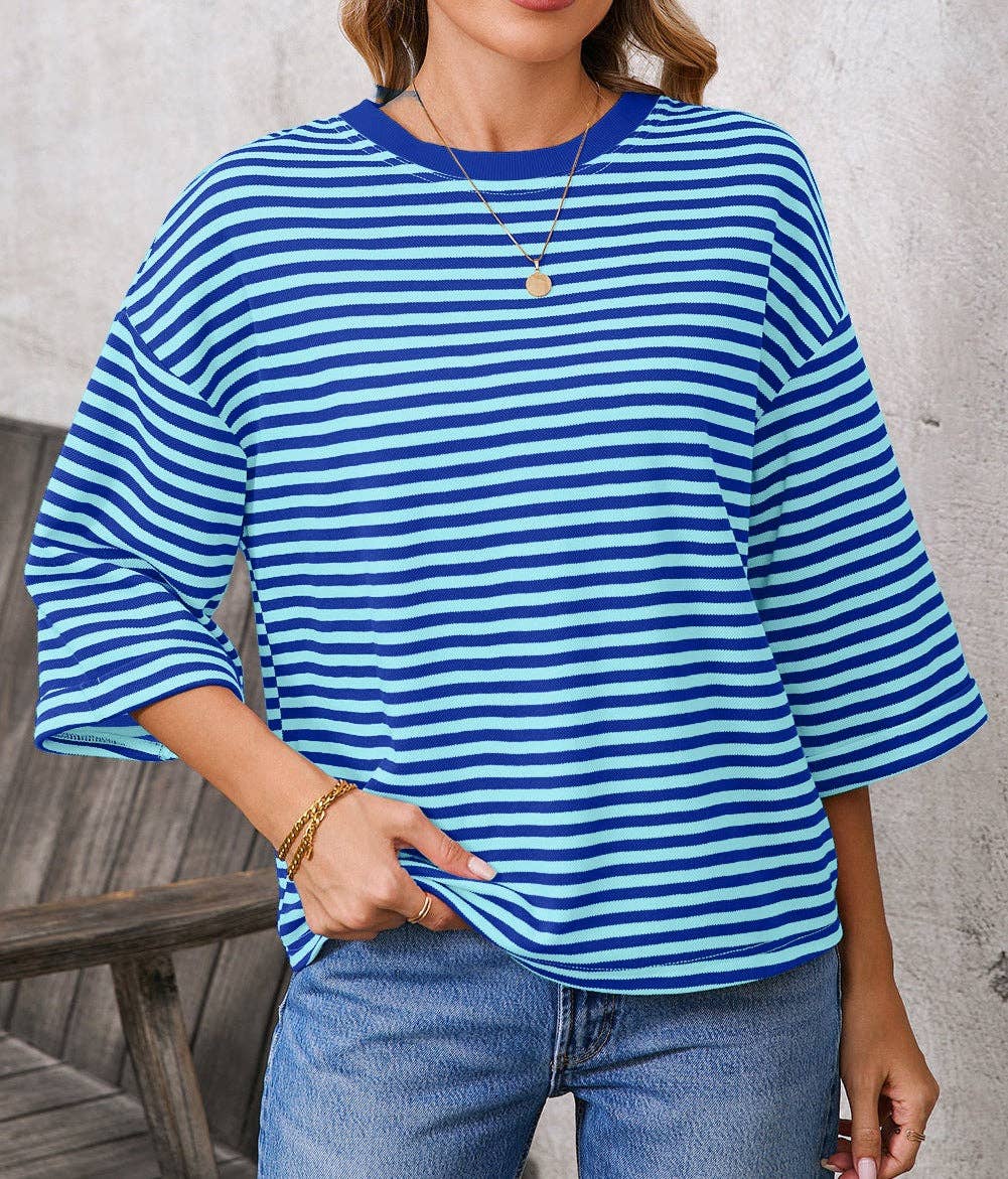 Pink Striped Knit Crew Neck Top with Back Bow Tie Detail