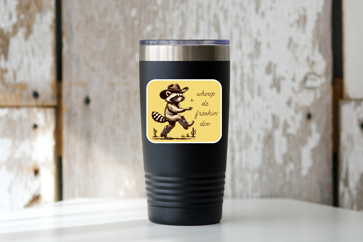 Whoop De Freakin' Doo Sticker - cowboy, western, raccoon