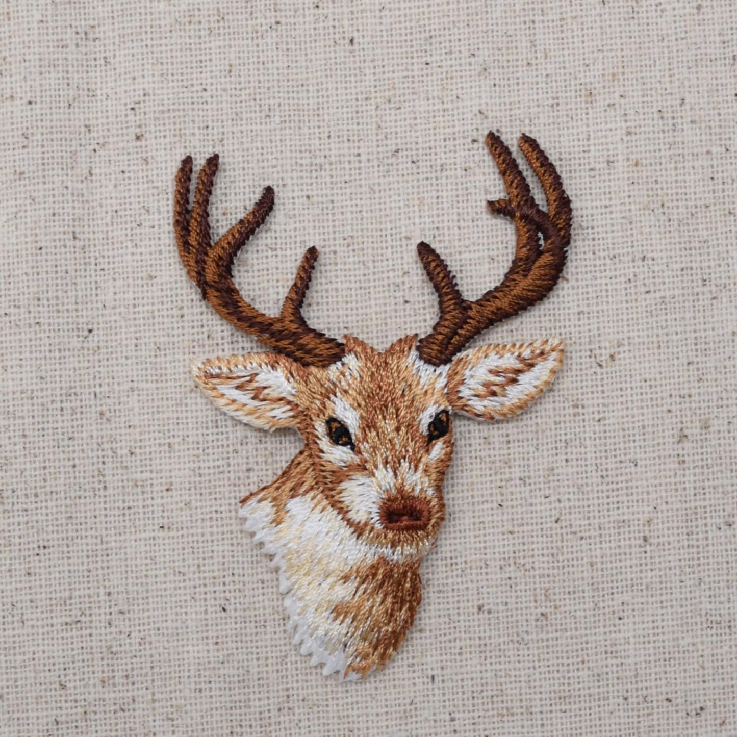 Natural Deer Head, White Tail Buck Embroidered Iron on Patch