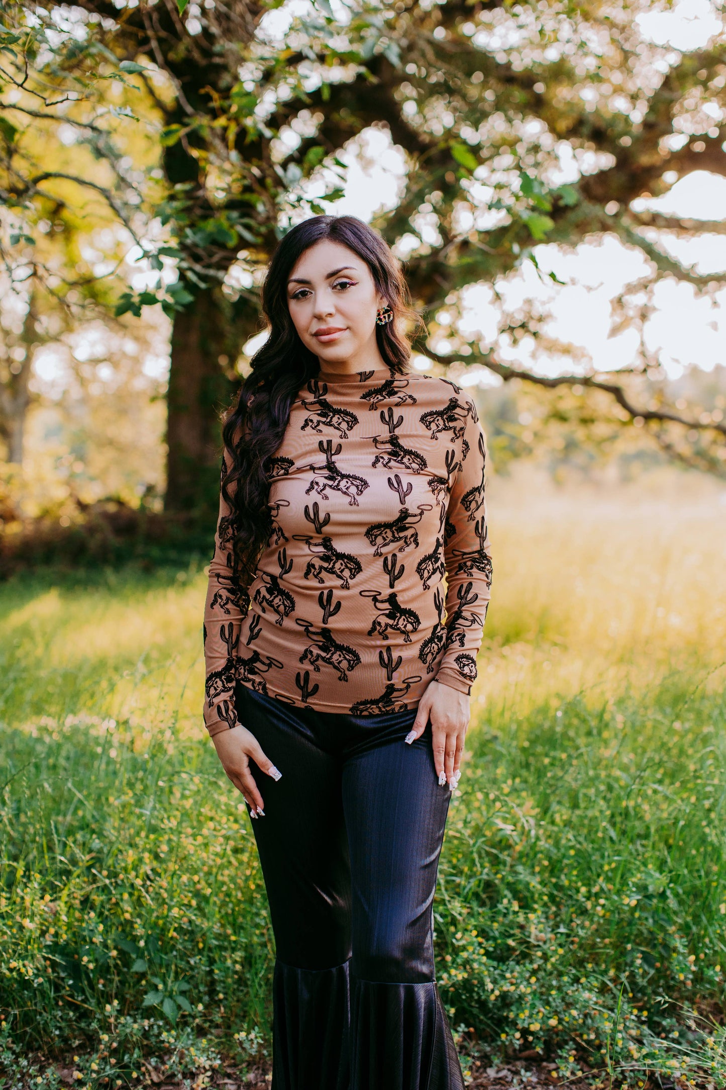 MK397 Velvet Cactus & Cowboys Mesh Top - Brown