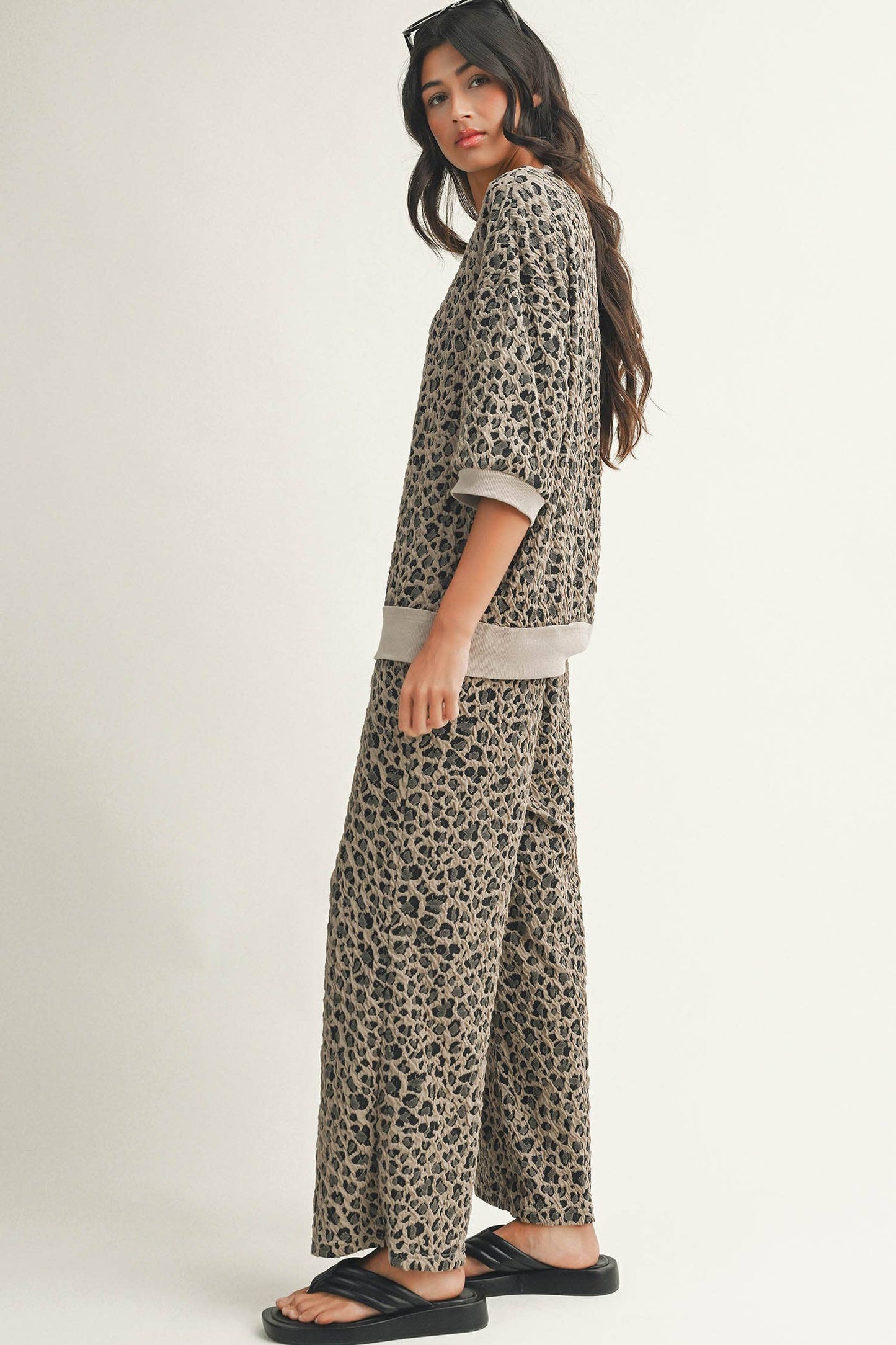 Spring Western Leopard Patchwork Pullover Wide Leg Pant Set