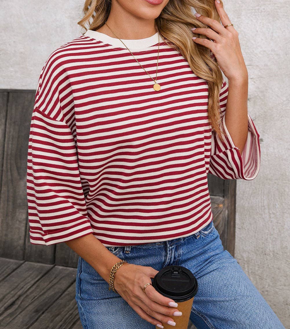 Pink Striped Knit Crew Neck Top with Back Bow Tie Detail