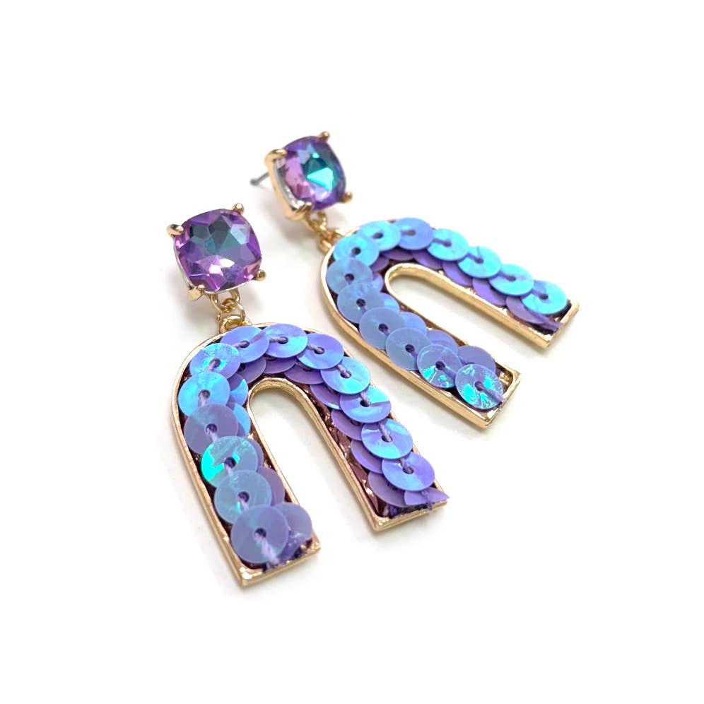 Cushion Cut Stone Post with Arch Sequin Dangle Earrings