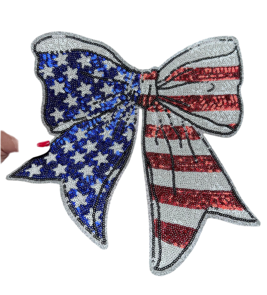 American Flag Bow Patch, Sequin Patch, 11" Iron on Patch, Silver Glitter Backing, DIY, Bow Patch