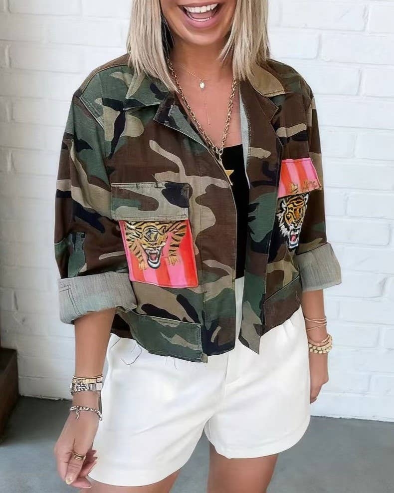 Vintage Tiger Stripe Patch Detail Camouflage Jacket
