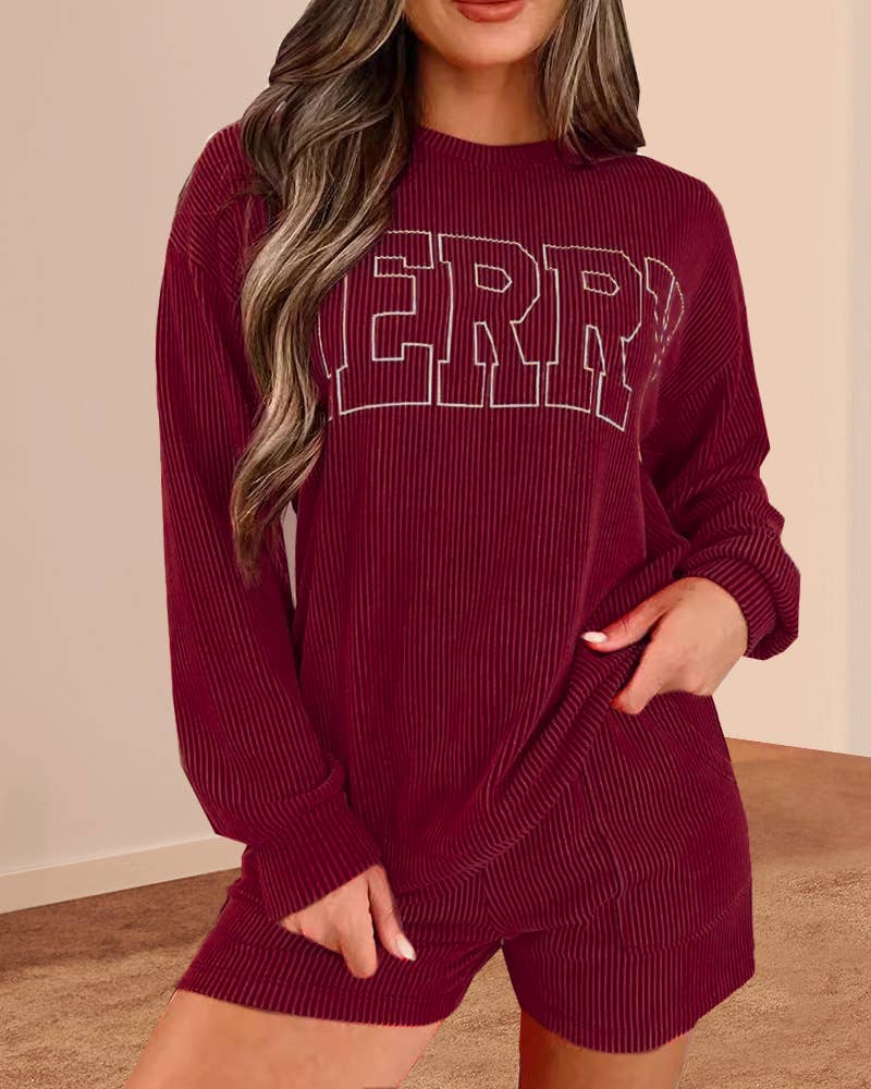 Merry Christmas Print Sweatshirt Shorts Casual Set