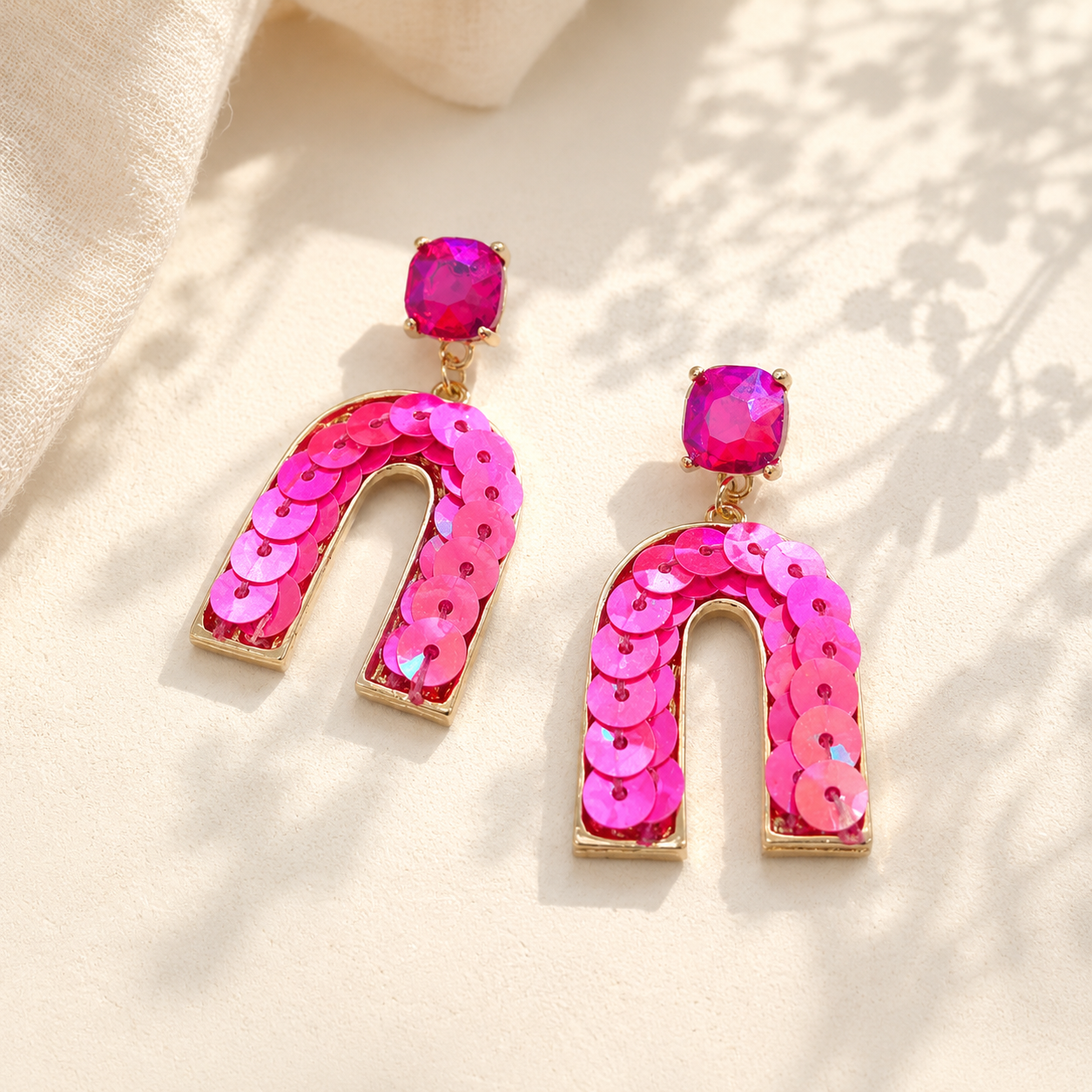 Cushion Cut Stone Post with Arch Sequin Dangle Earrings