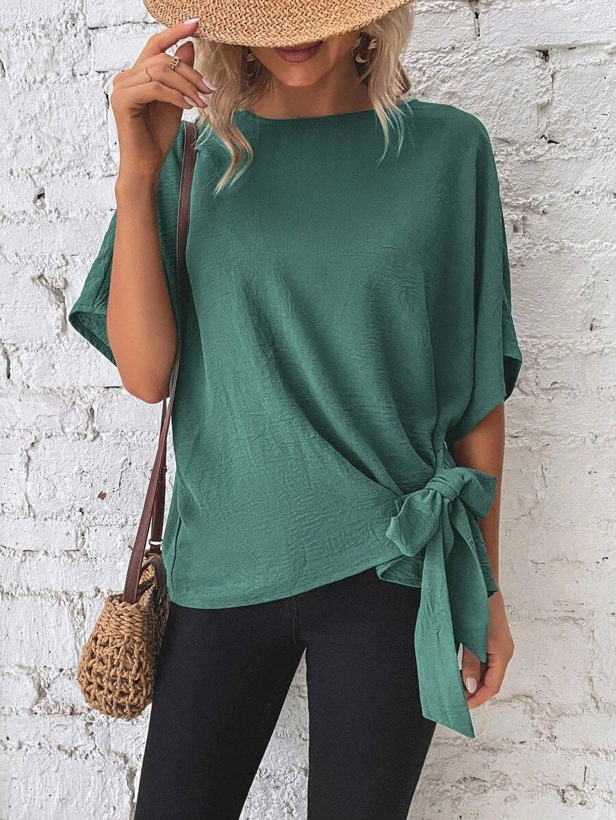 Casual Round Neck Knot Waist Tunic T-Shirt