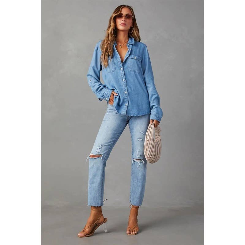 Casual Collared Single Breasted Denim Shirt