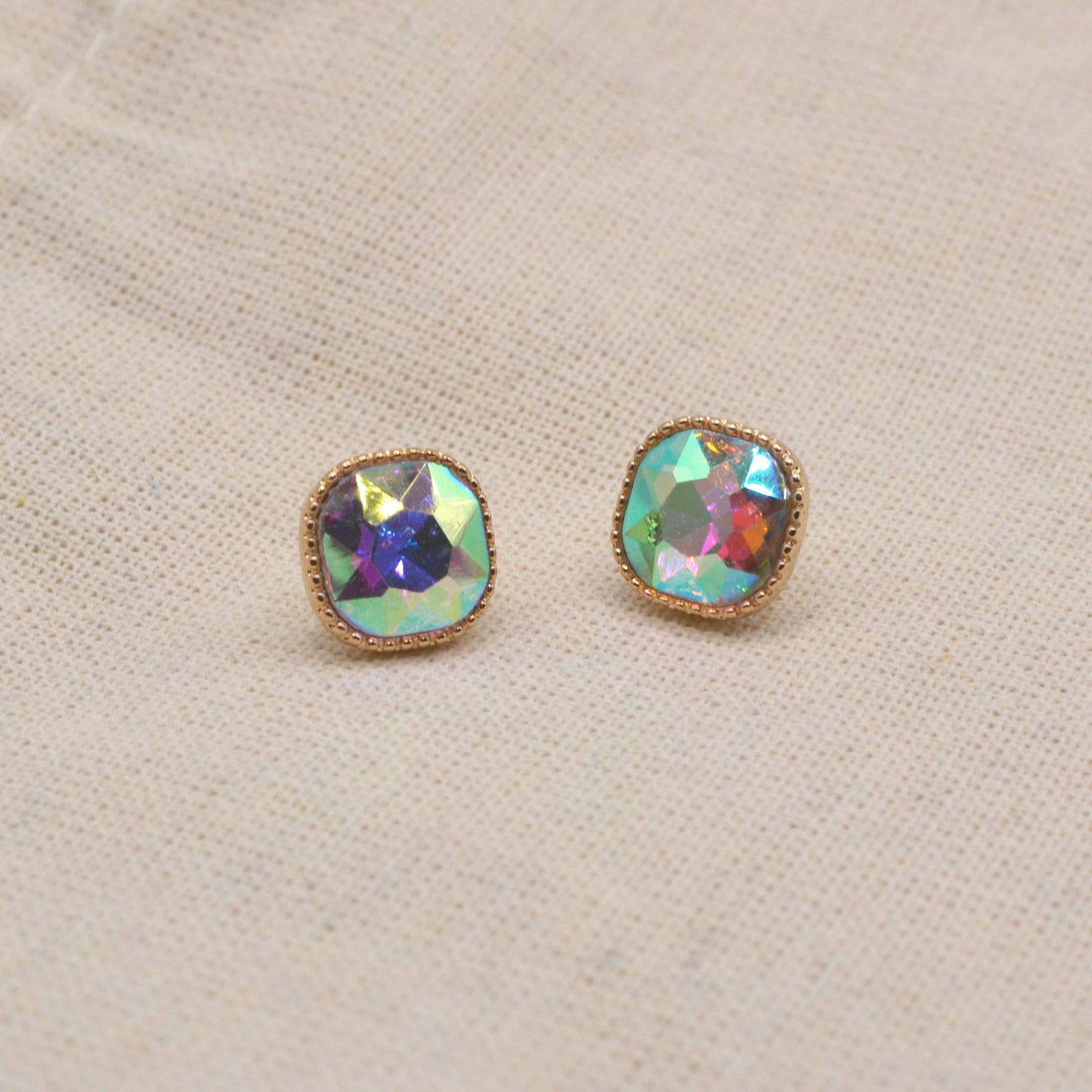 Square Textured Framed Crystal Glass Stone Stud Earrings