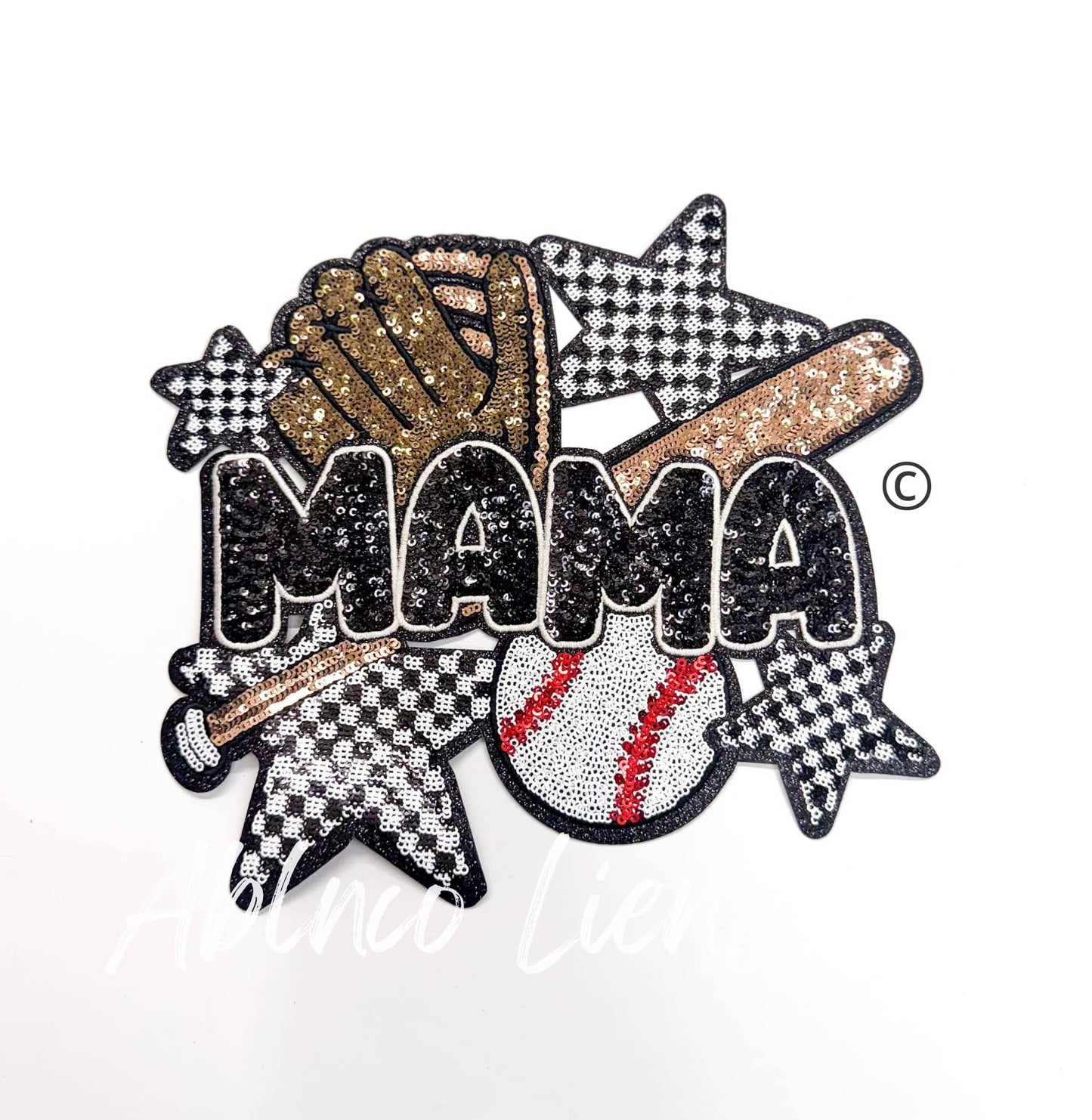  Baseball Mama Checkered Star Sequins Patch - Large 