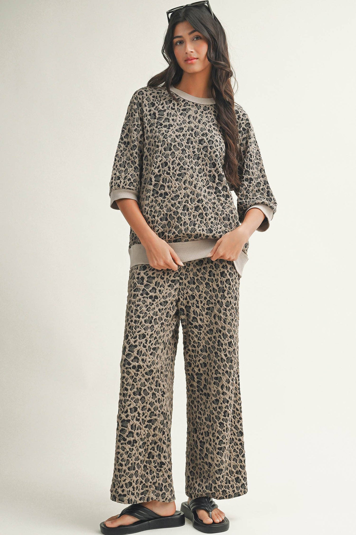 Spring Western Leopard Patchwork Pullover Wide Leg Pant Set