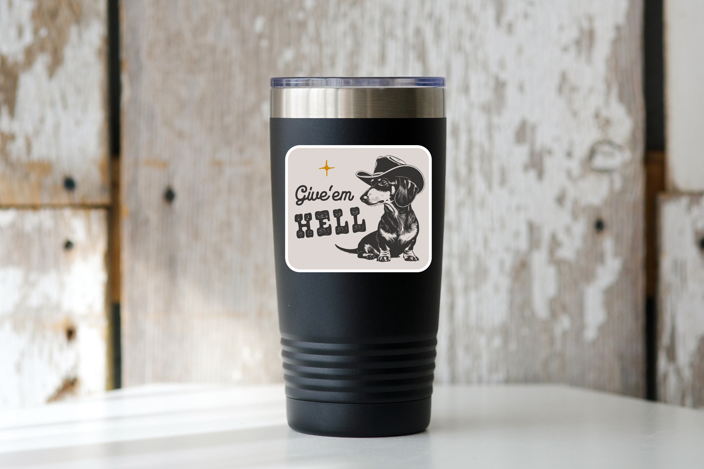 Give'em Hell Sticker - cowboy, western, west, dog, dachshund