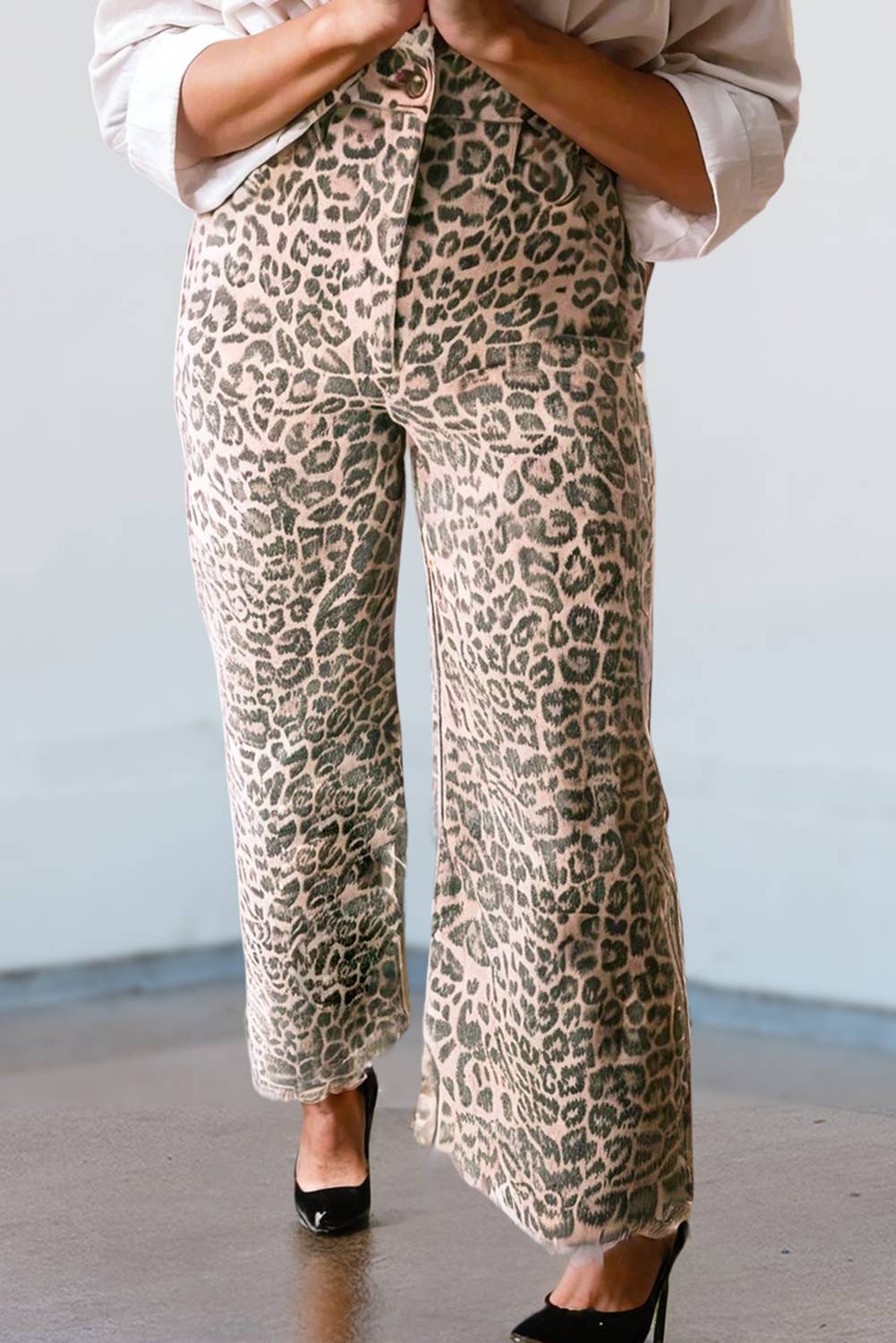 Leopard Frayed Edge Wide Leg High Waist Jeans | 4-16