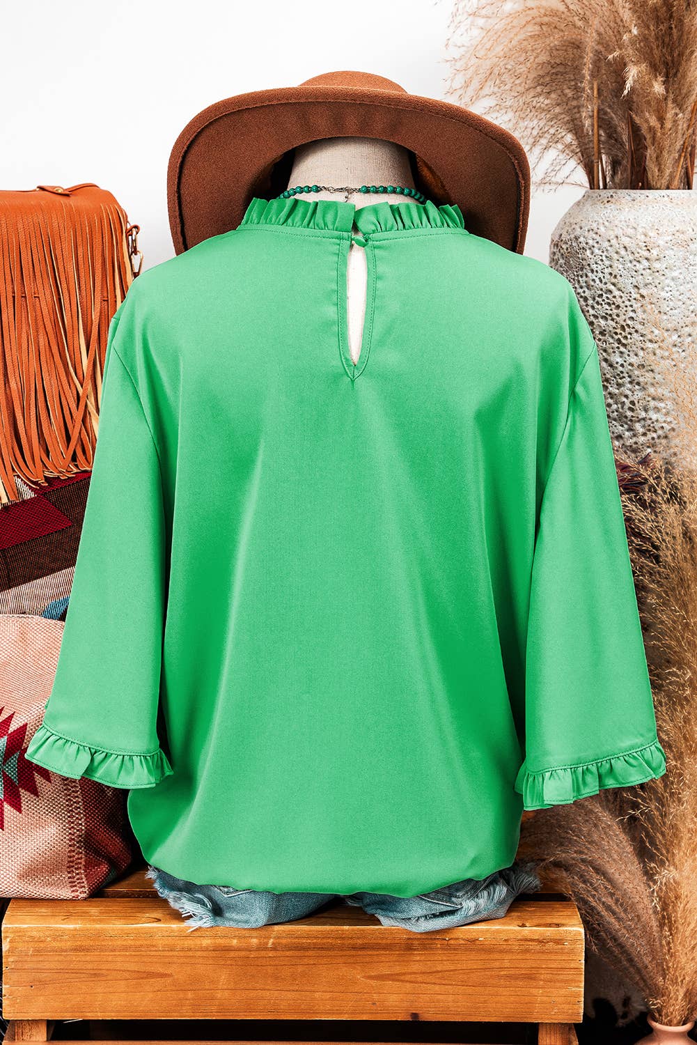 Fashion-W Frilly Round Neck Wide Half Sleeve Blouse
