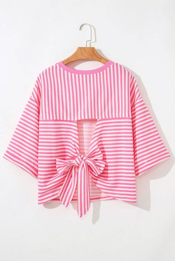 Pink Striped Knit Crew Neck Top with Back Bow Tie Detail