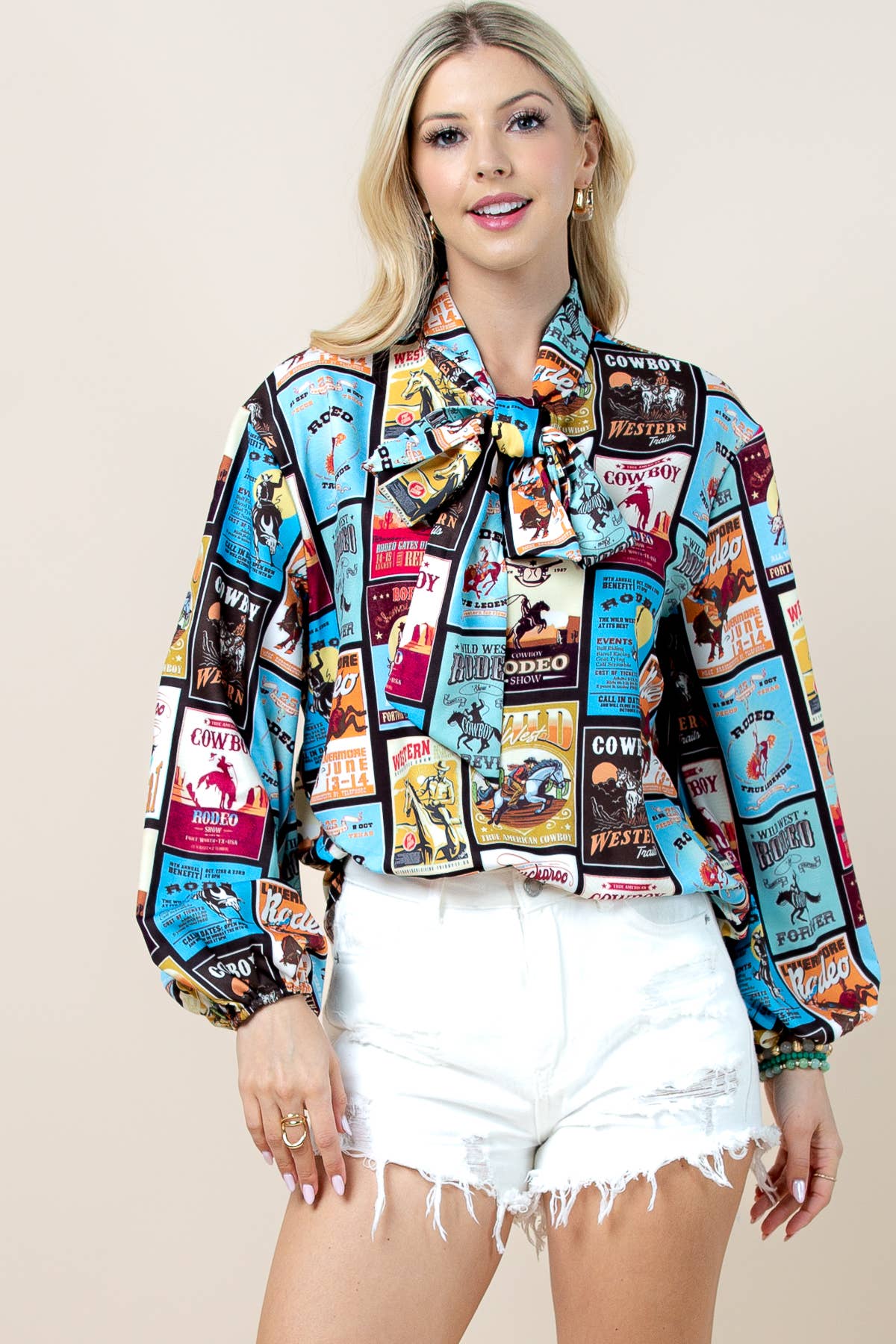 T1629-6433A-Sadia  Rodeo Stamp Print Graphic Blouse