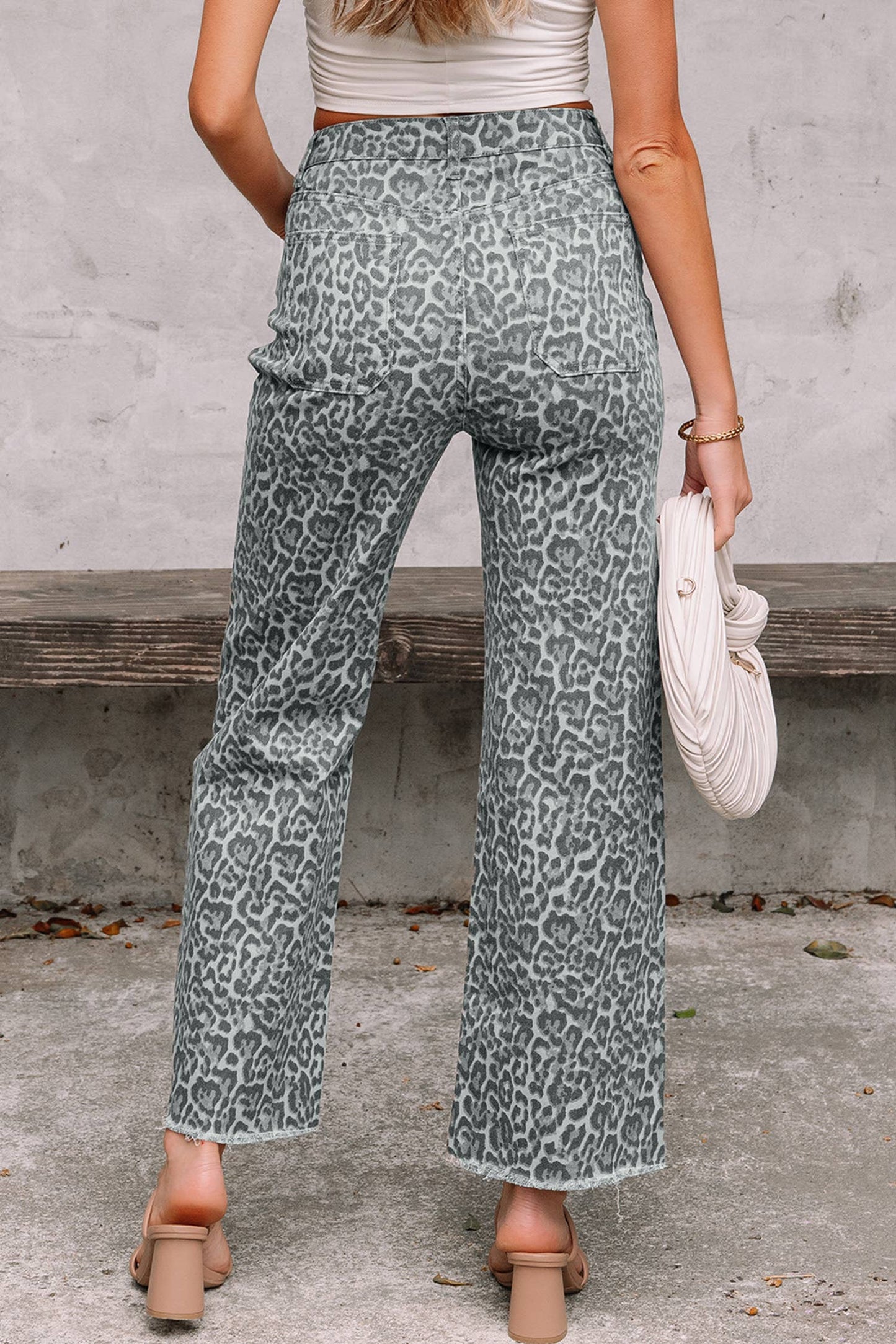 66 Western Leopard Frayed Edge Wide Leg High Waist Jeans