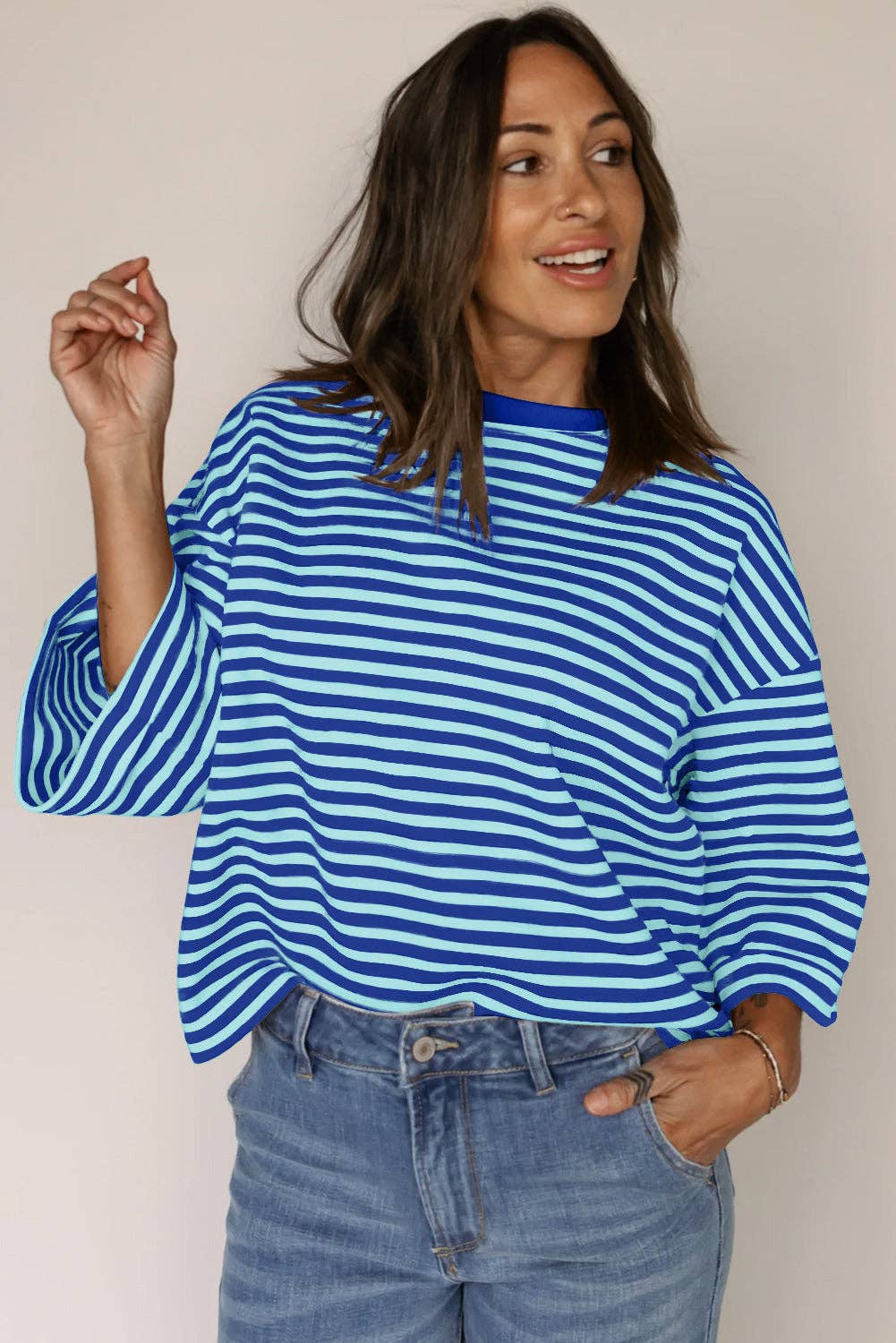 Pink Striped Knit Crew Neck Top with Back Bow Tie Detail