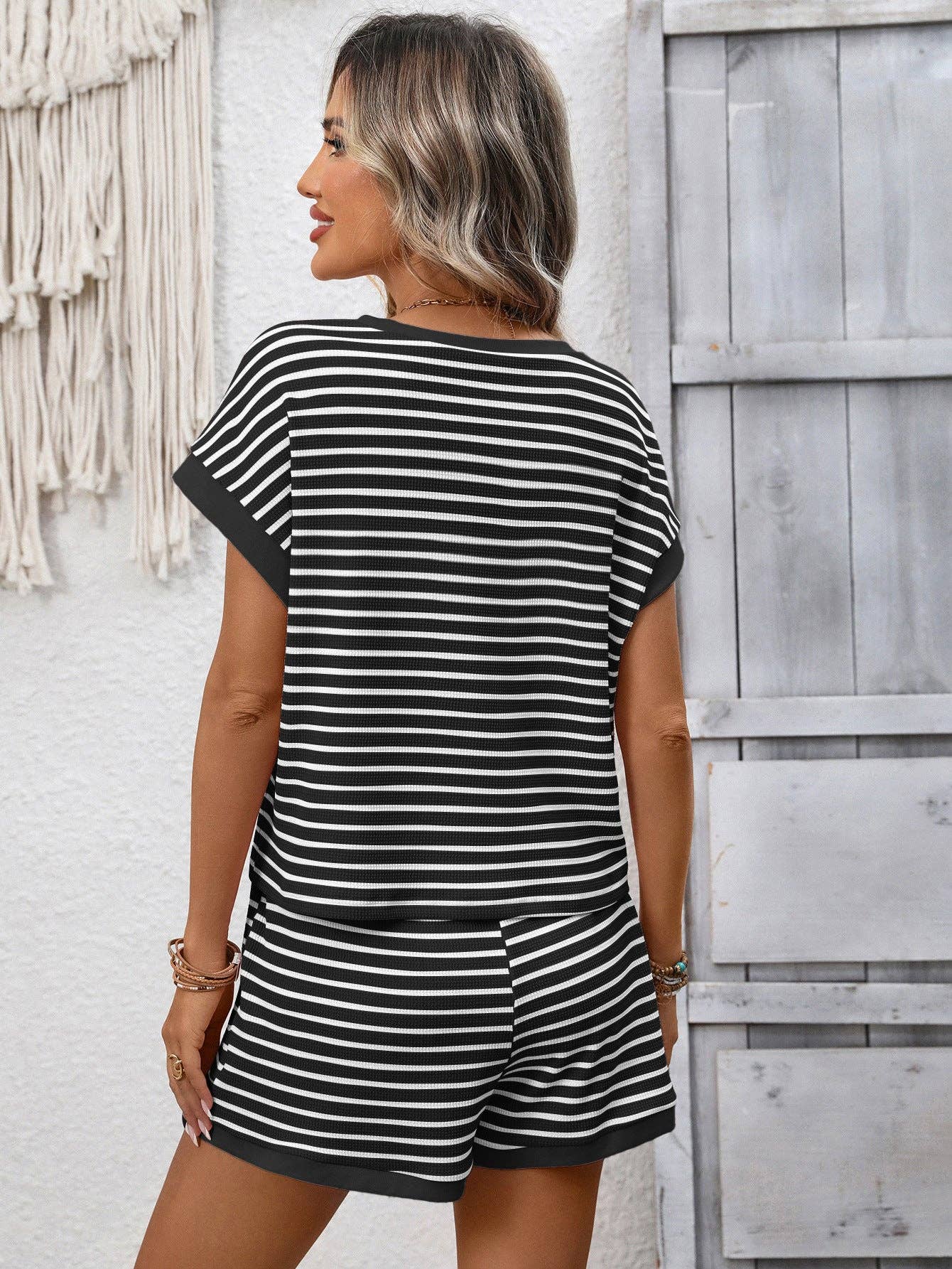 Striped Knit Lounge Set Short Sleeve Top and Shorts