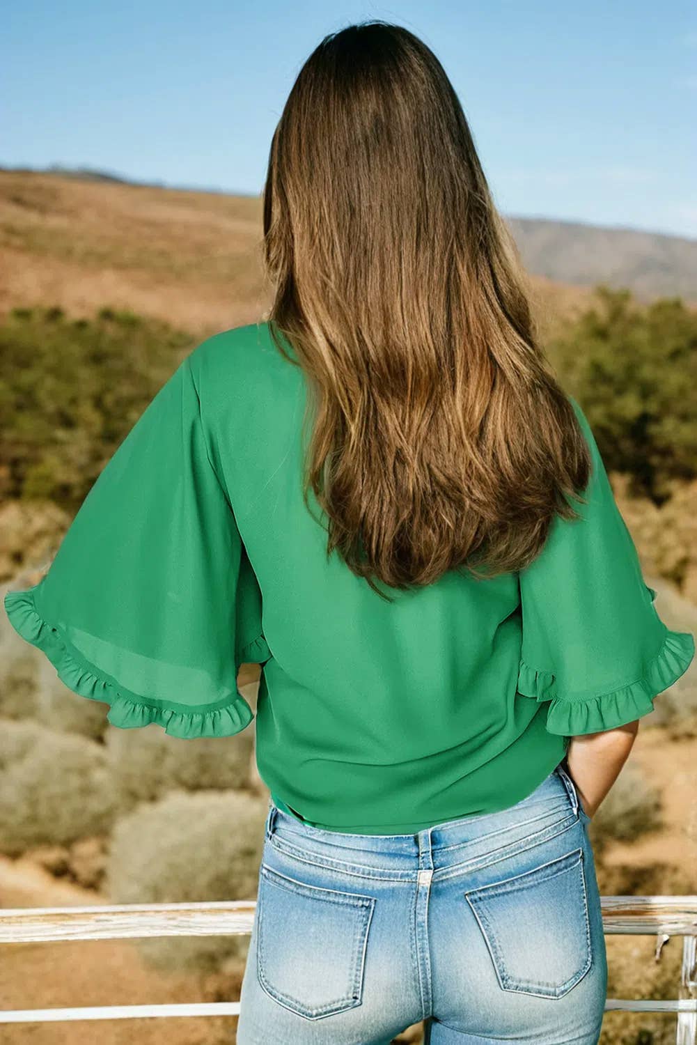 Fashion-W Frilly Round Neck Wide Half Sleeve Blouse