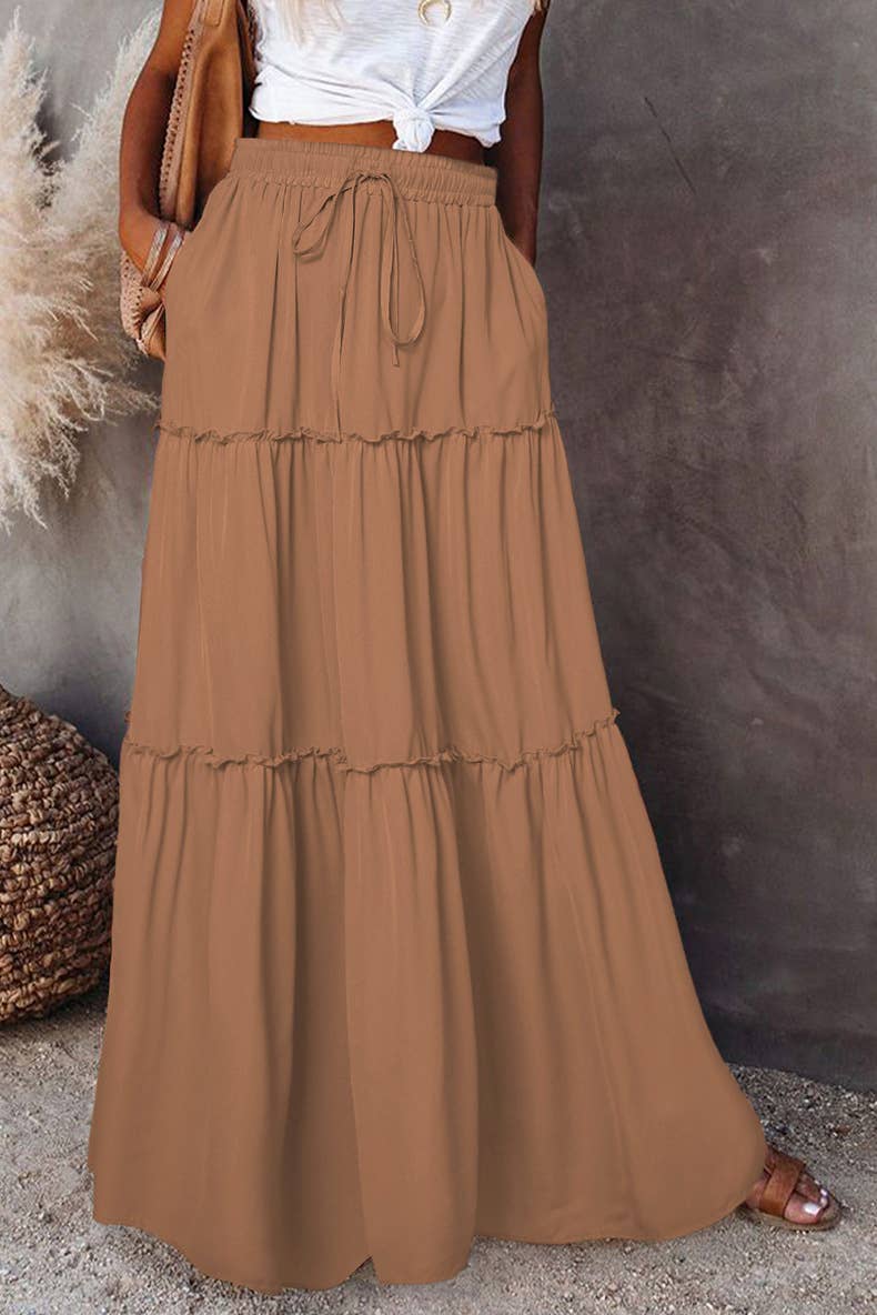 Boho Tiered Maxi Skirt with Pocket 17colors