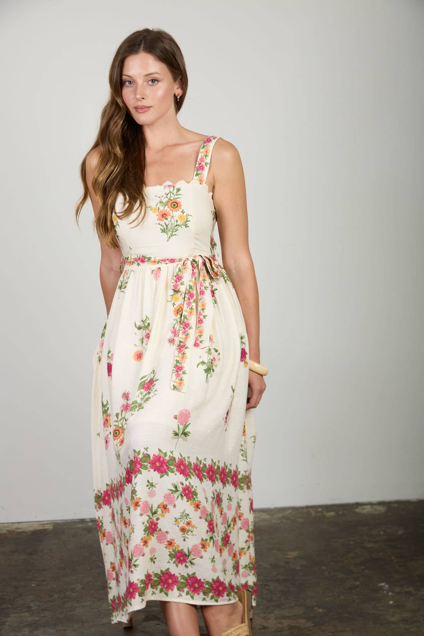 FLORAL BORDER PATTERN BELT STRAP MIDI DRESS