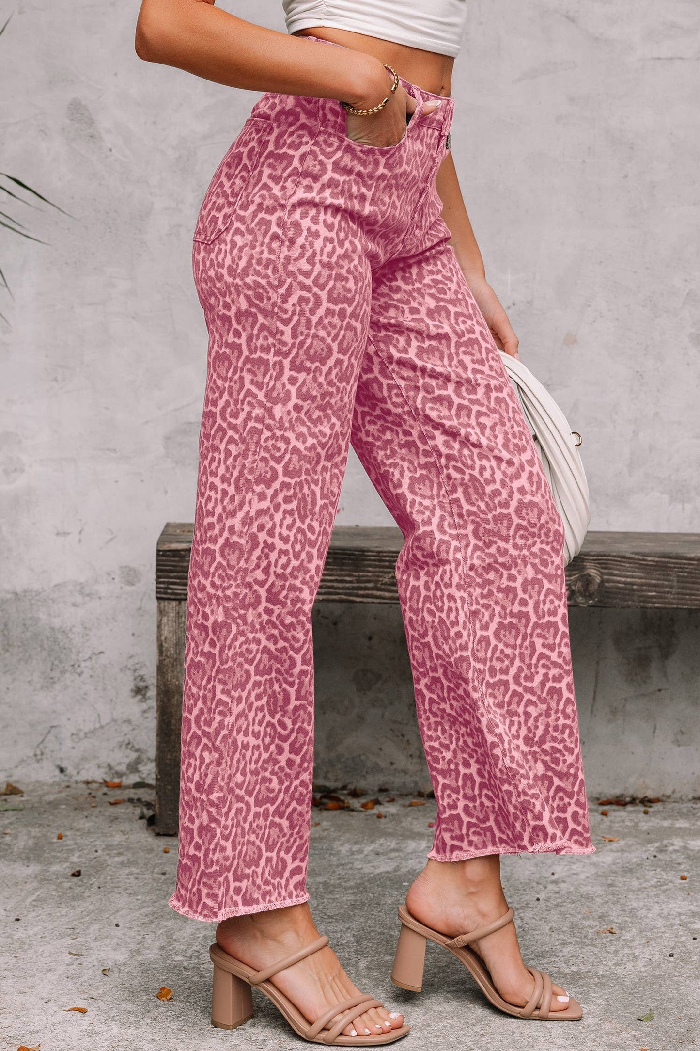 Western Leopard Frayed Edge Wide Leg High Waist Jeans*4-16