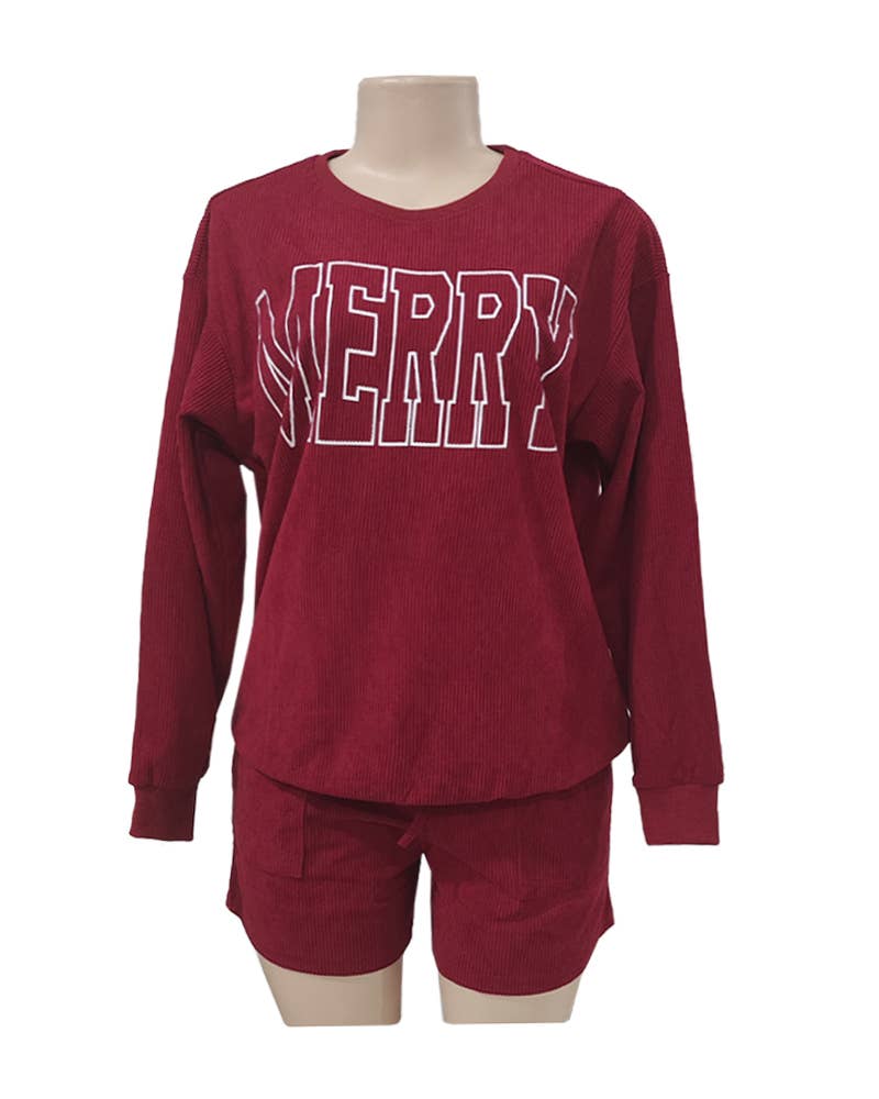 Merry Christmas Print Sweatshirt Shorts Casual Set