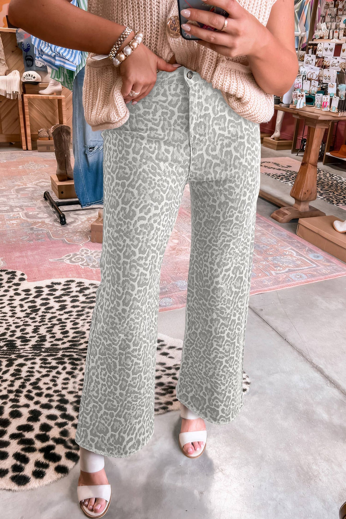 66 Western Leopard Frayed Edge Wide Leg High Waist Jeans