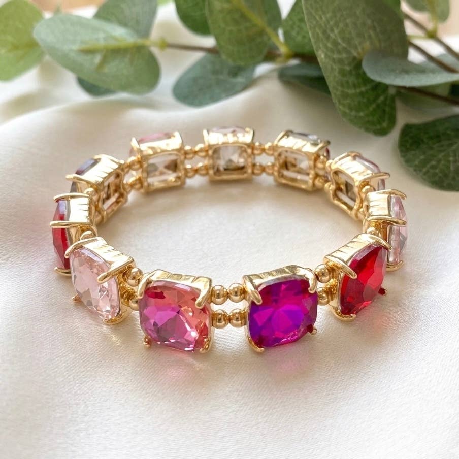 Cushion Cut Glass Crystal Linked Stretch Bracelet