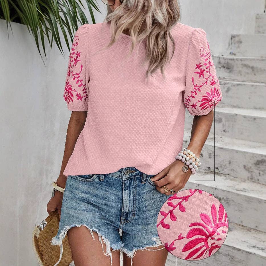 Puff Sleeve Embroidered Blouse for Women Summer